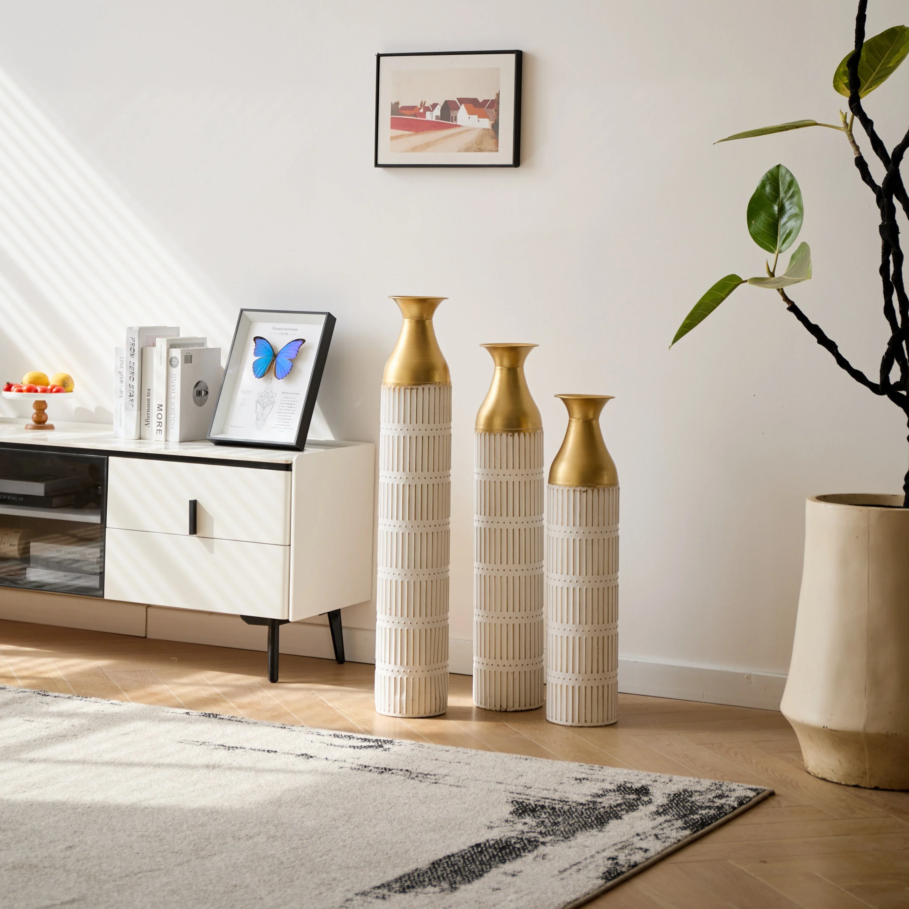 Floor Metal Vases Set of 3 - White with Gold Accents - Image 11