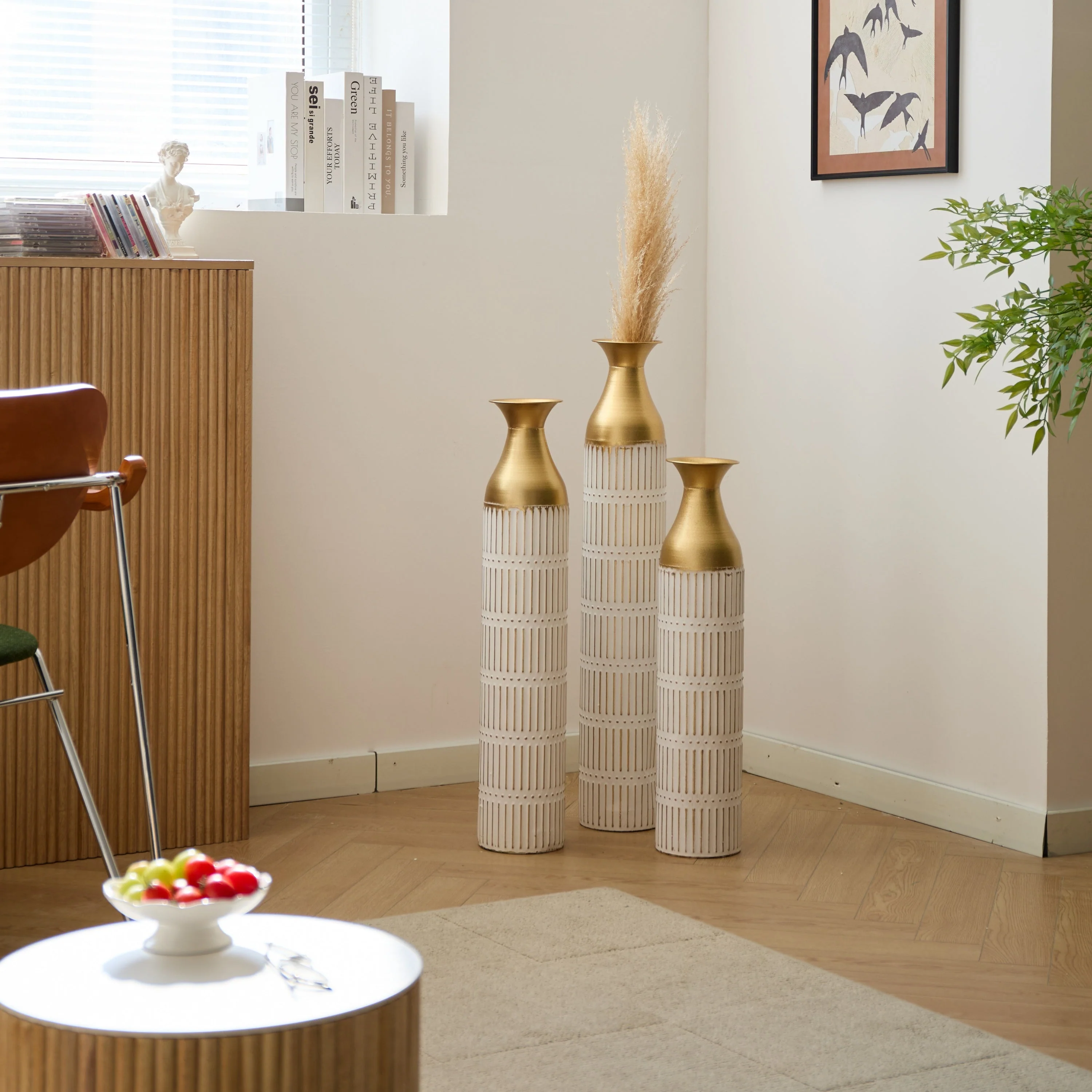 Floor Metal Vases Set of 3 - White with Gold Accents - Image 12