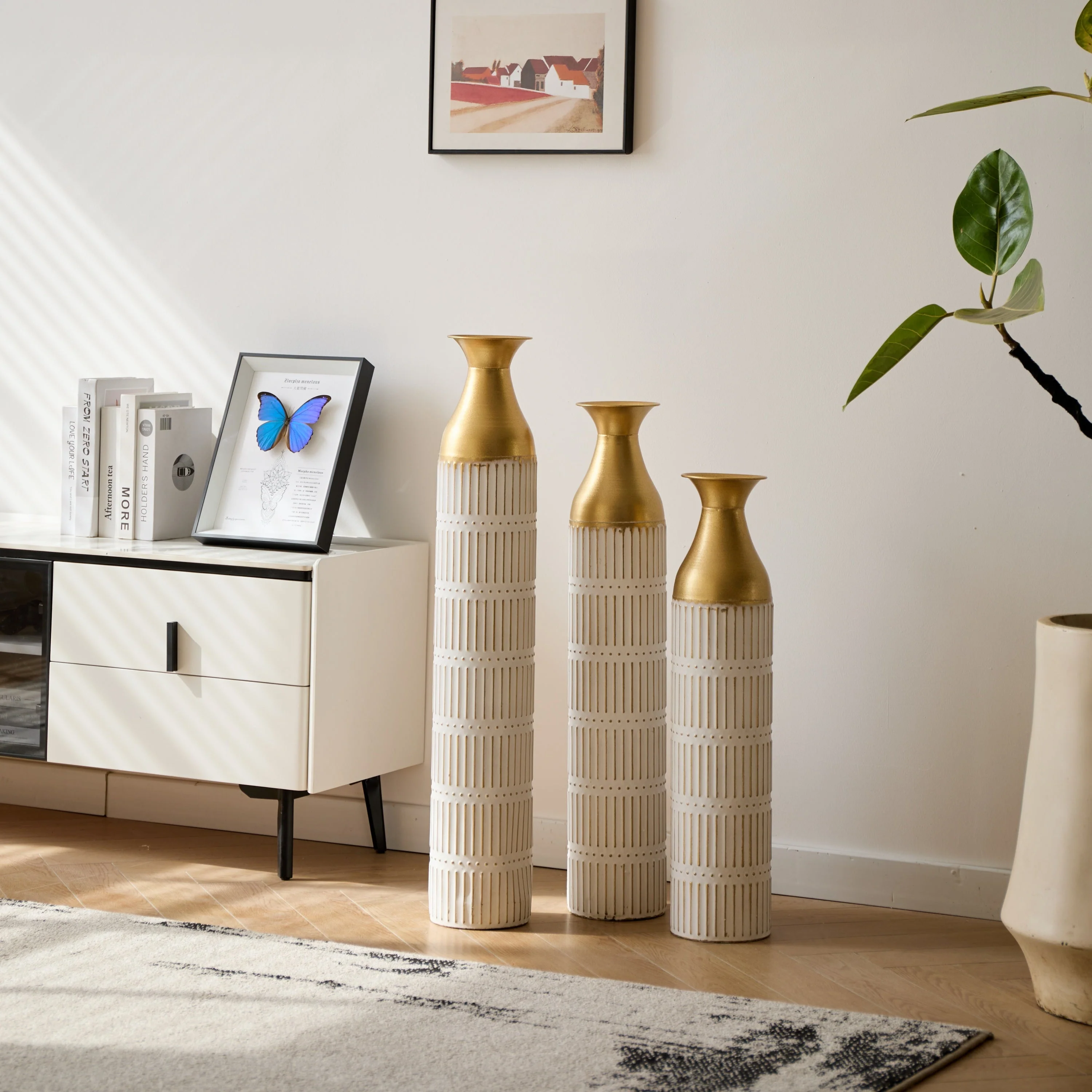 Floor Metal Vases Set of 3 - White with Gold Accents - Image 13