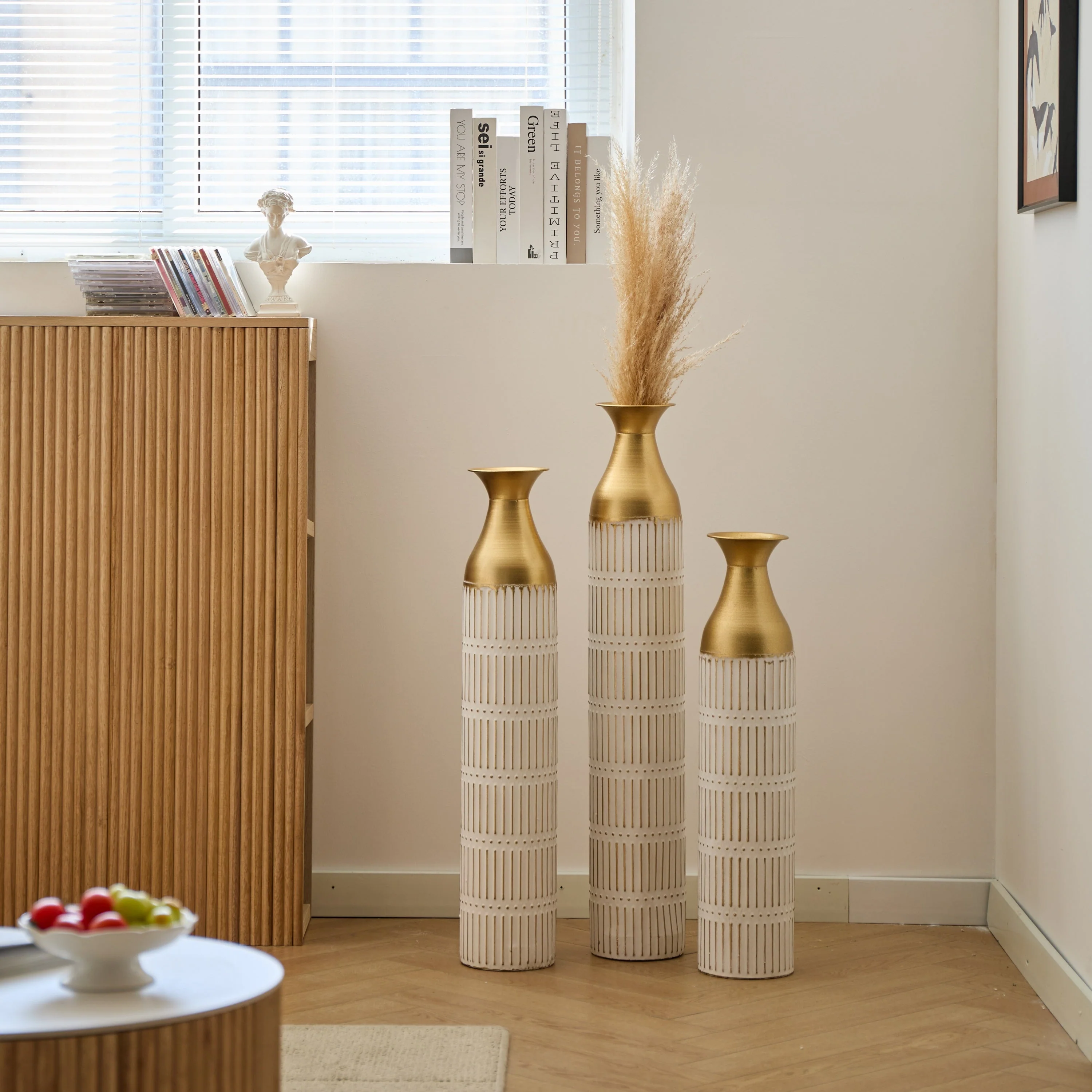 Floor Metal Vases Set of 3 - White with Gold Accents - Image 14