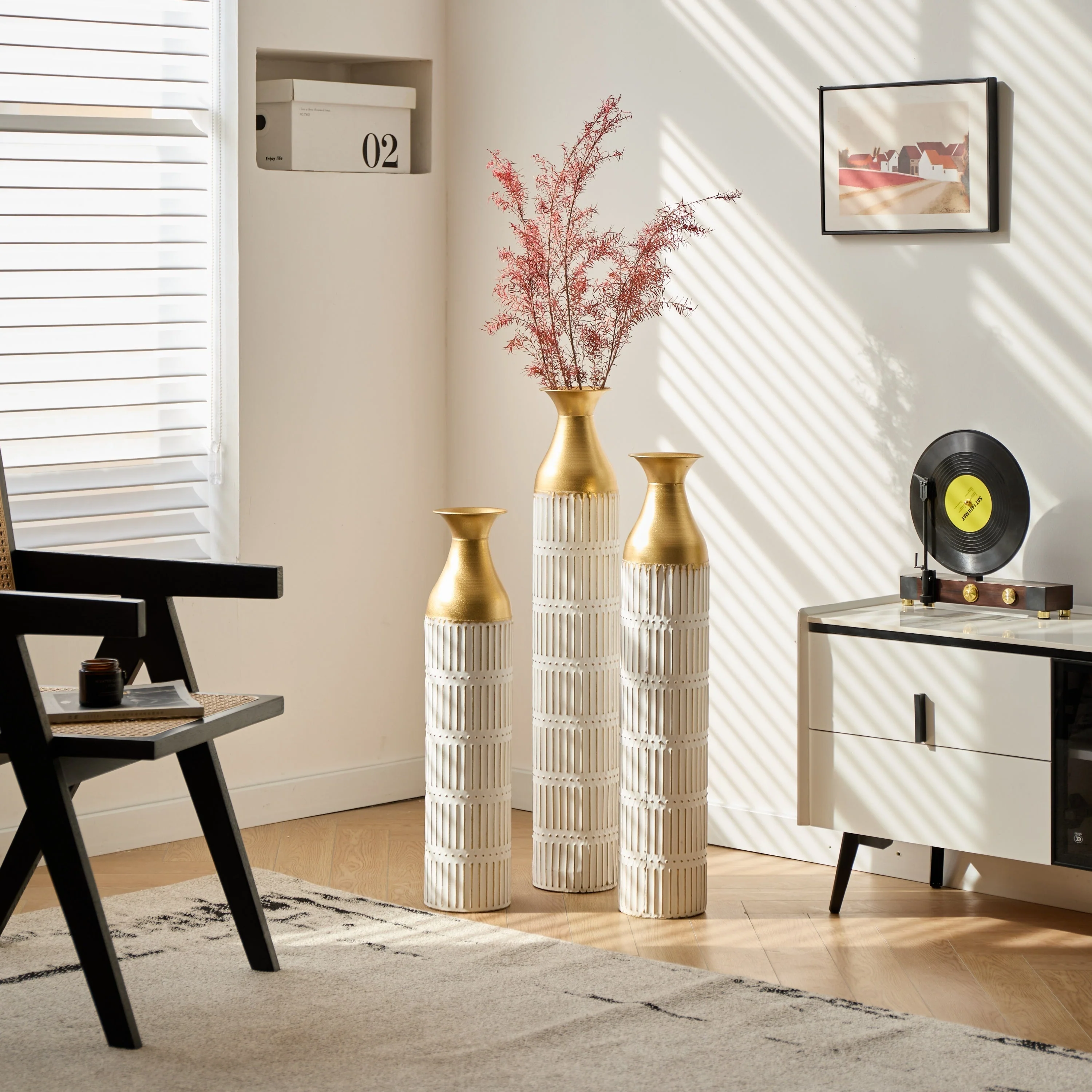 Floor Metal Vases Set of 3 - White with Gold Accents - Image 15
