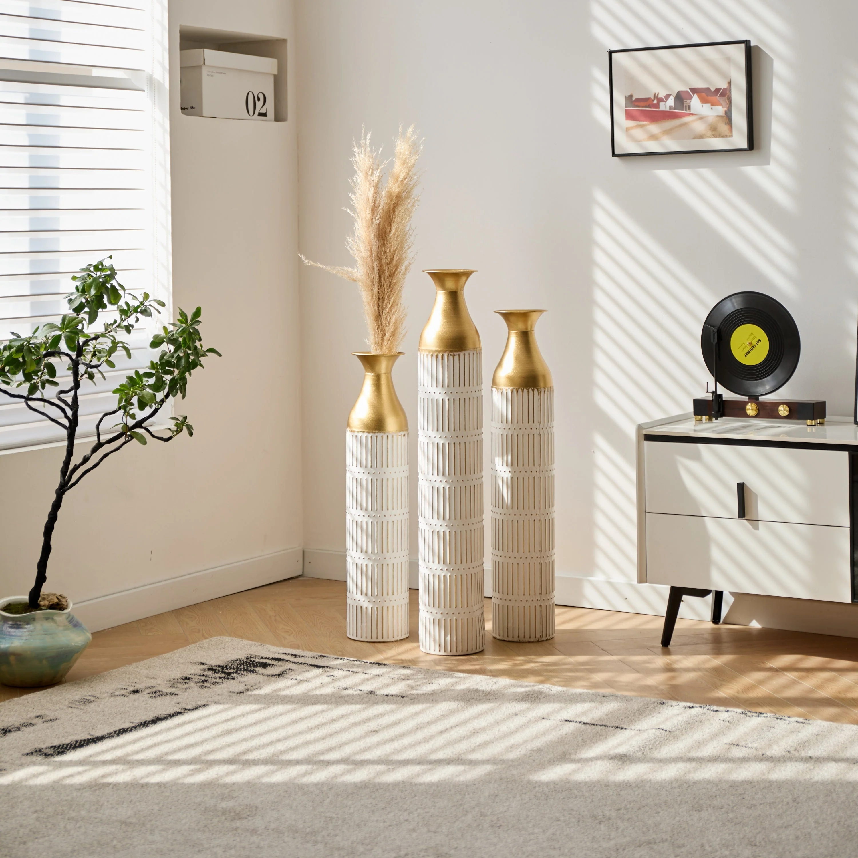 Floor Metal Vases Set of 3 - White with Gold Accents - Image 17