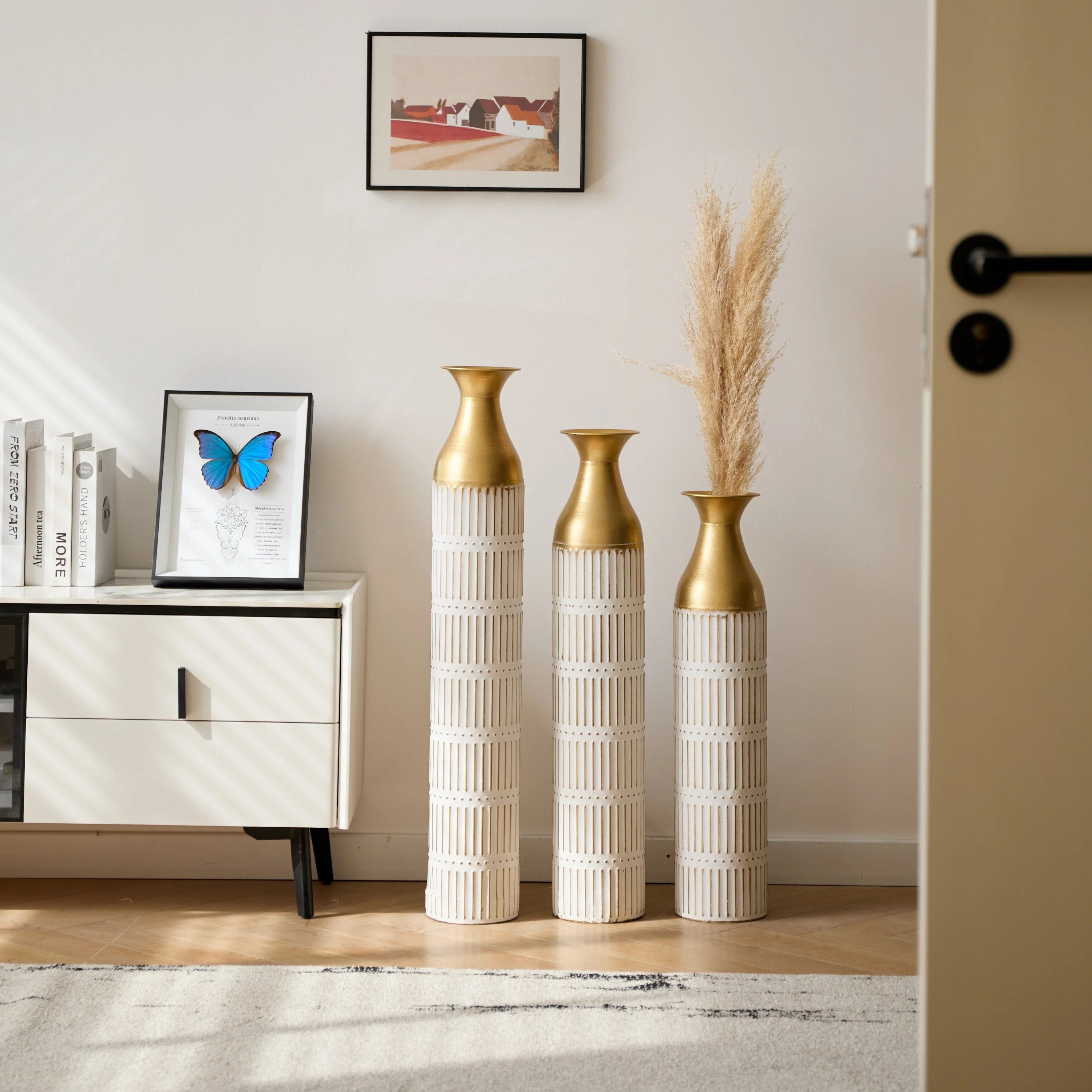 Floor Metal Vases Set of 3 - White with Gold Accents - Image 19