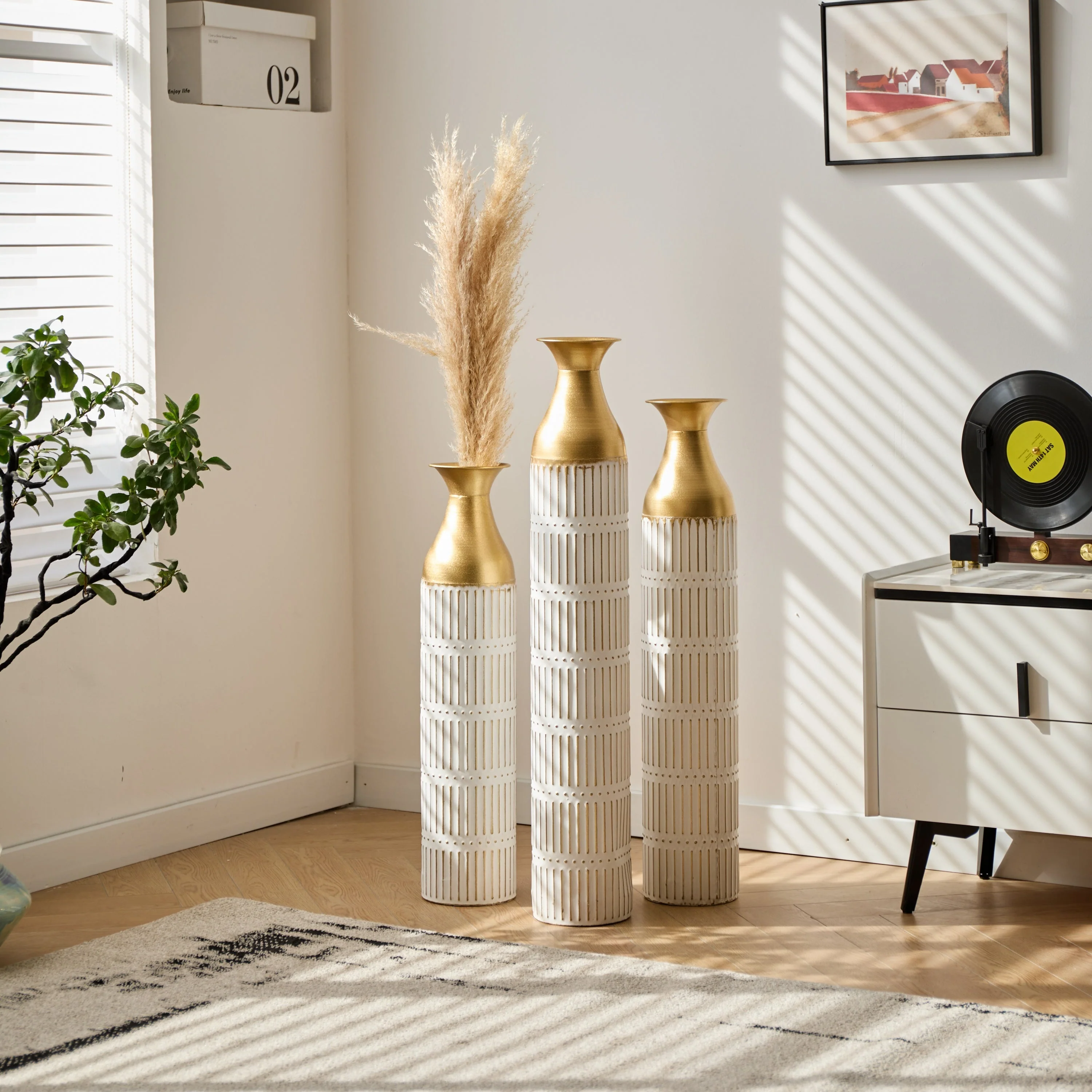 Floor Metal Vases Set of 3 - White with Gold Accents - Image 2
