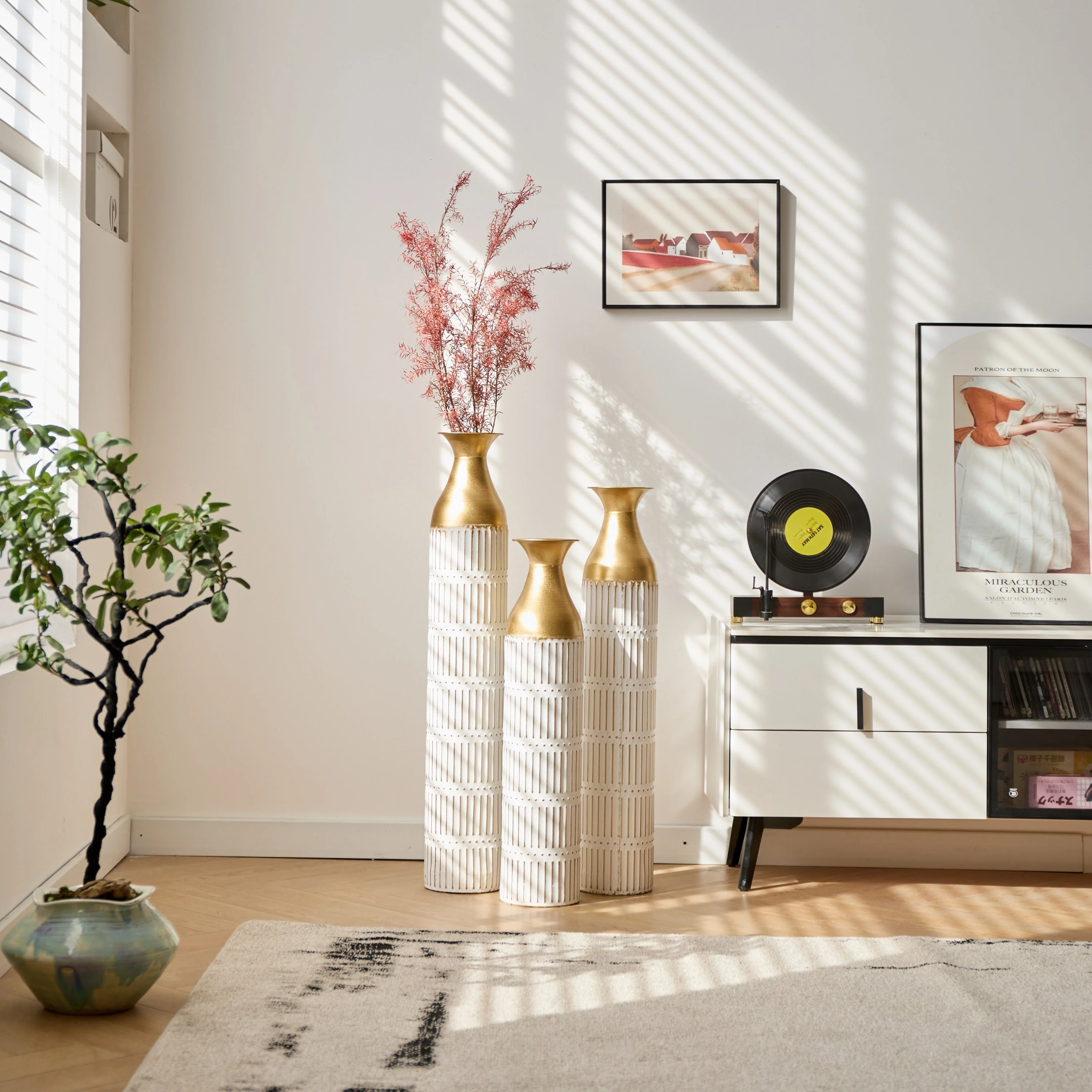 Floor Metal Vases Set of 3 - White with Gold Accents - Image 21