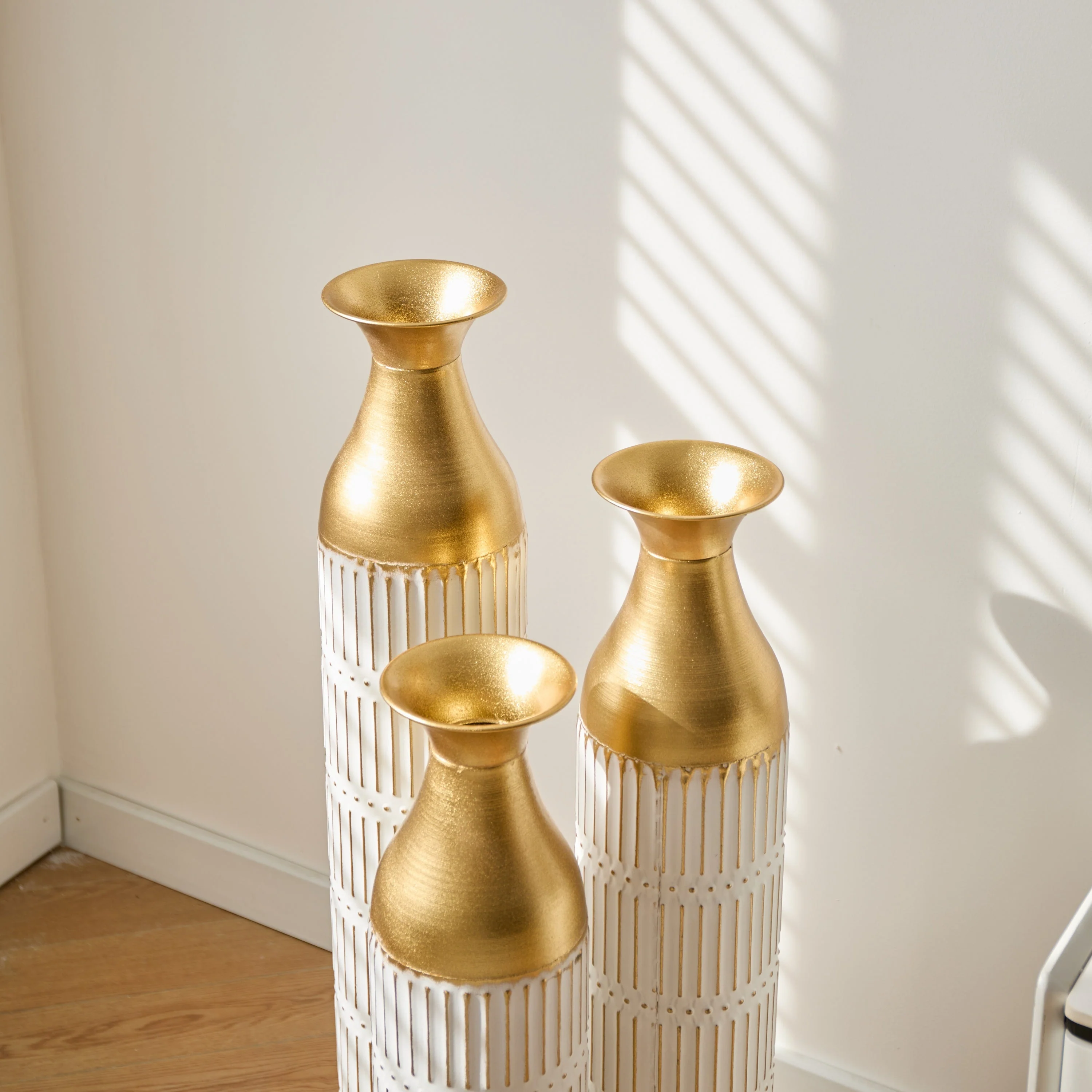Floor Metal Vases Set of 3 - White with Gold Accents - Image 22