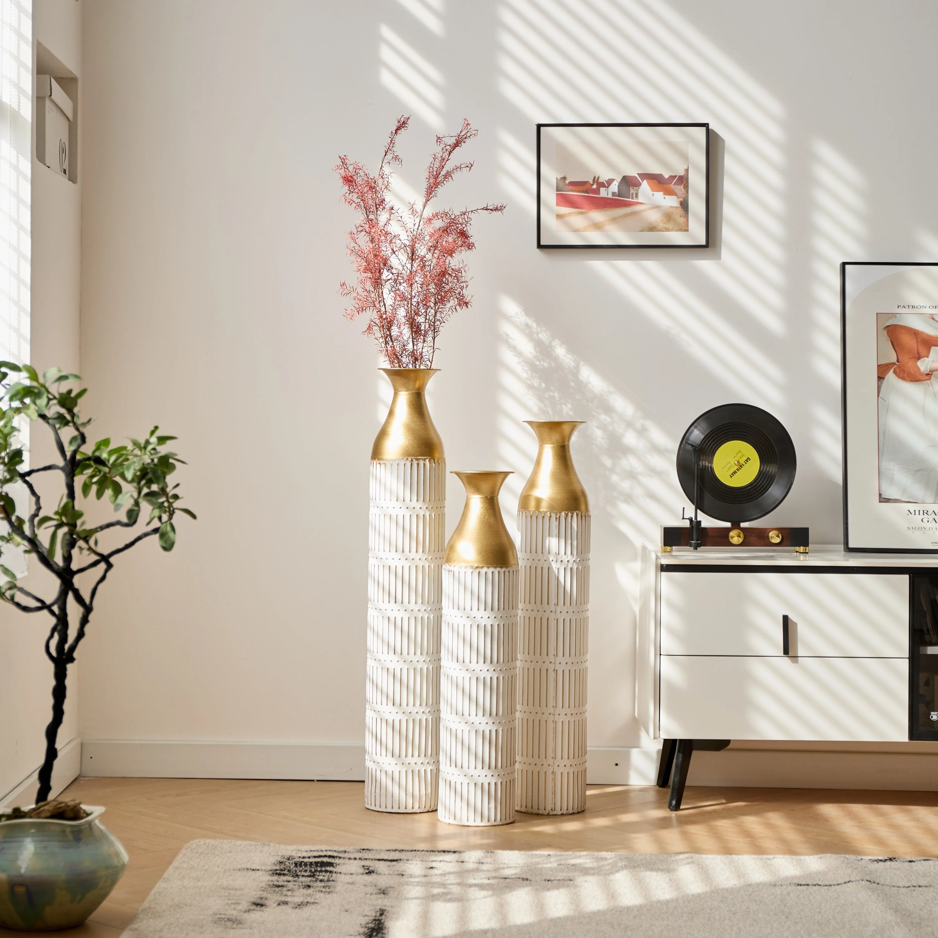 Floor Metal Vases Set of 3 - White with Gold Accents - Image 23