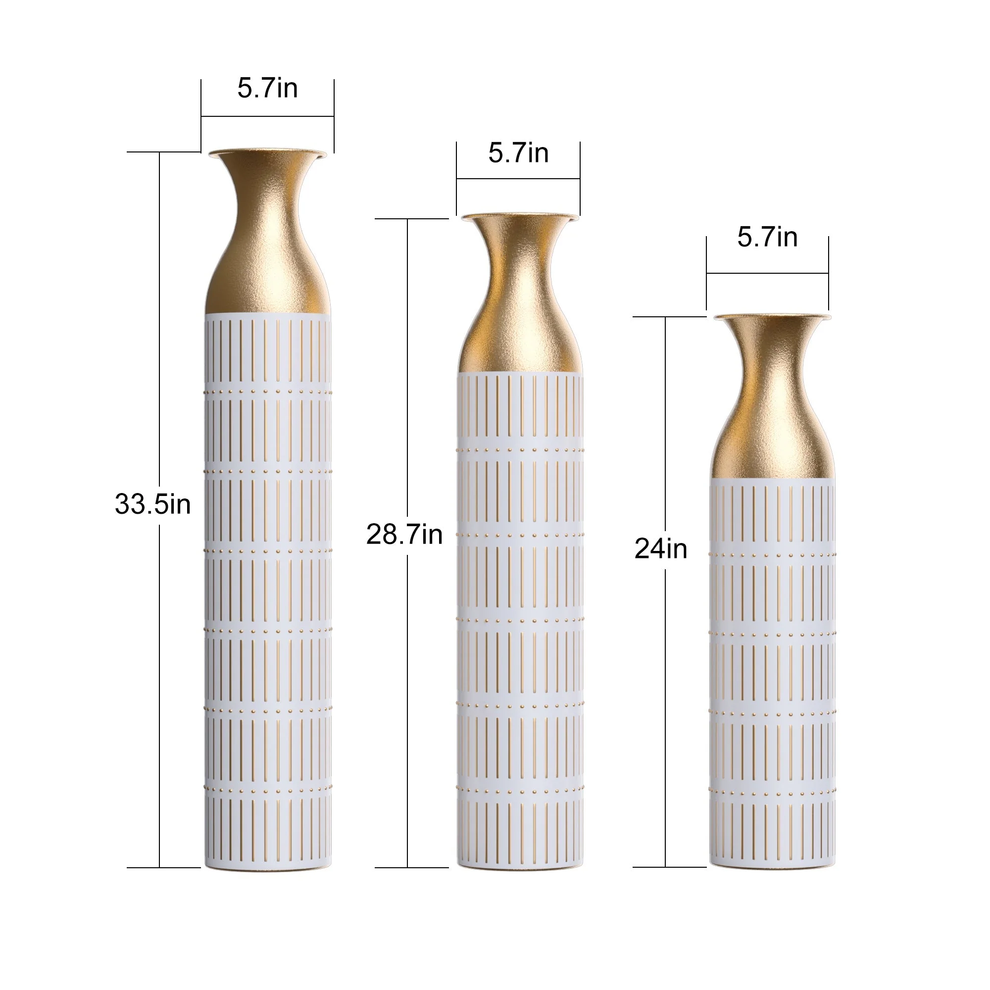 Floor Metal Vases Set of 3 - White with Gold Accents - Image 3