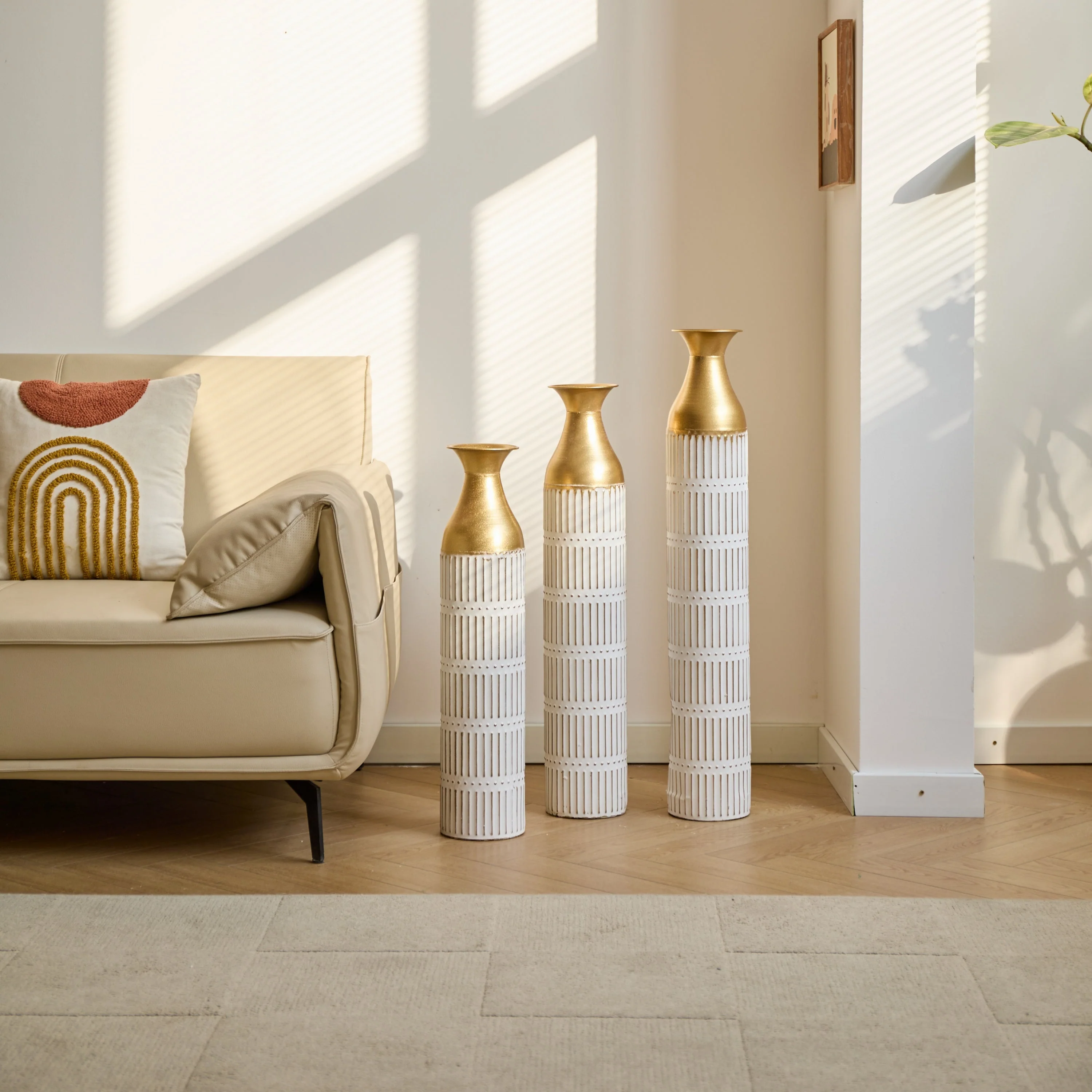 Floor Metal Vases Set of 3 - White with Gold Accents - Image 4