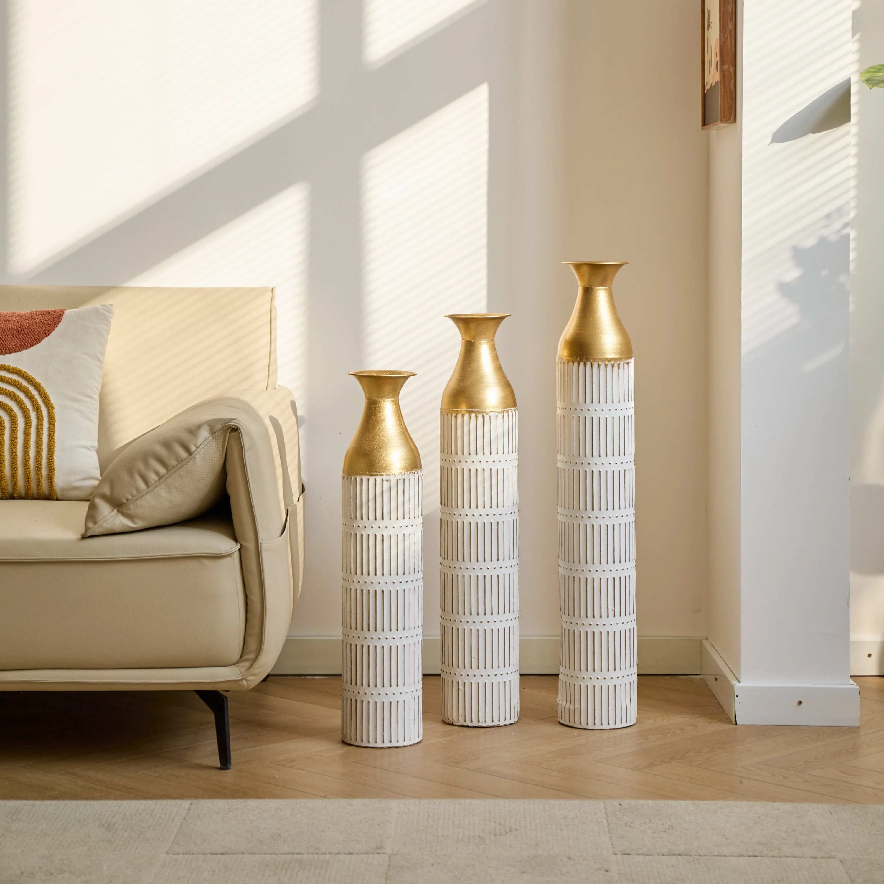 Floor Metal Vases Set of 3 - White with Gold Accents - Image 5