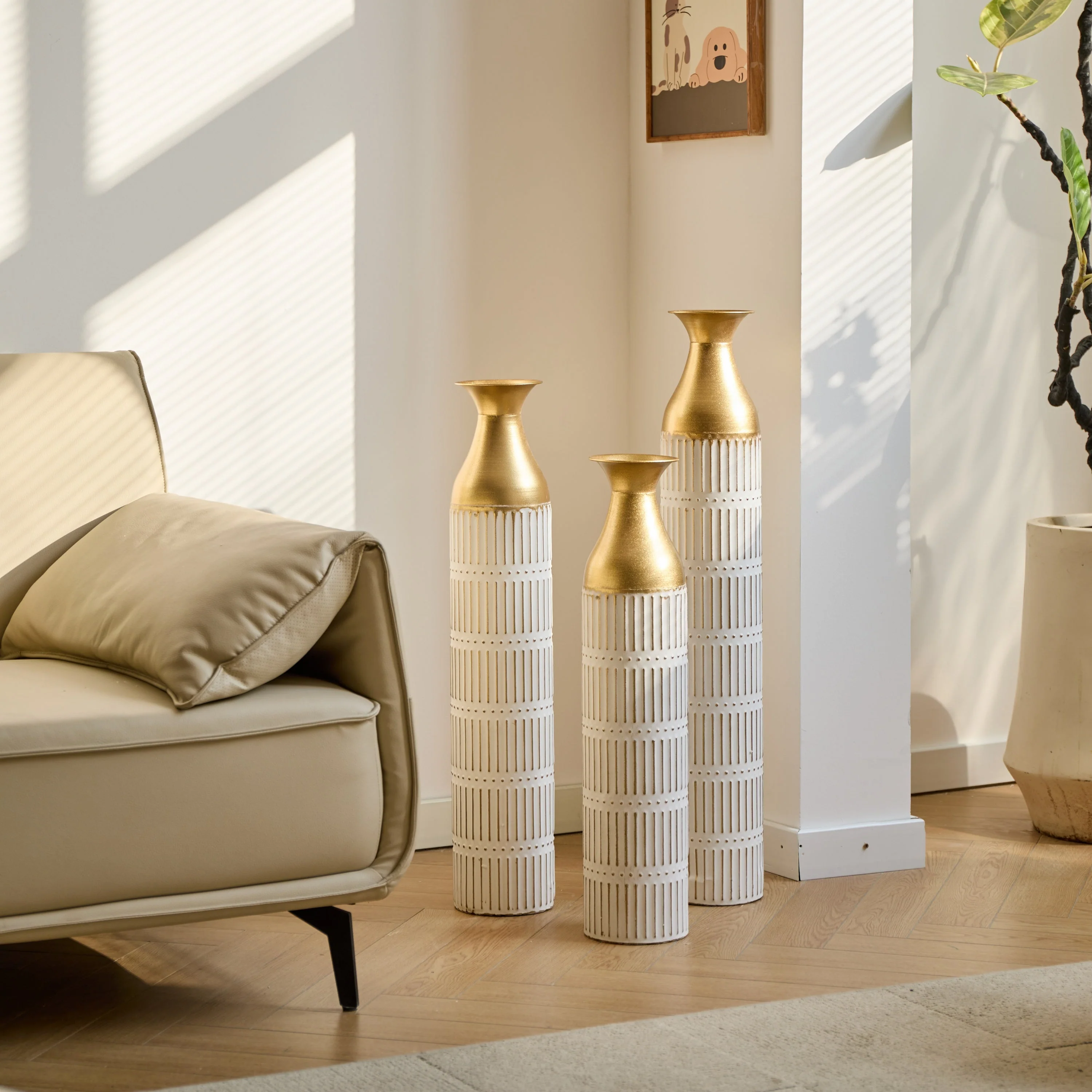 Floor Metal Vases Set of 3 - White with Gold Accents - Image 6