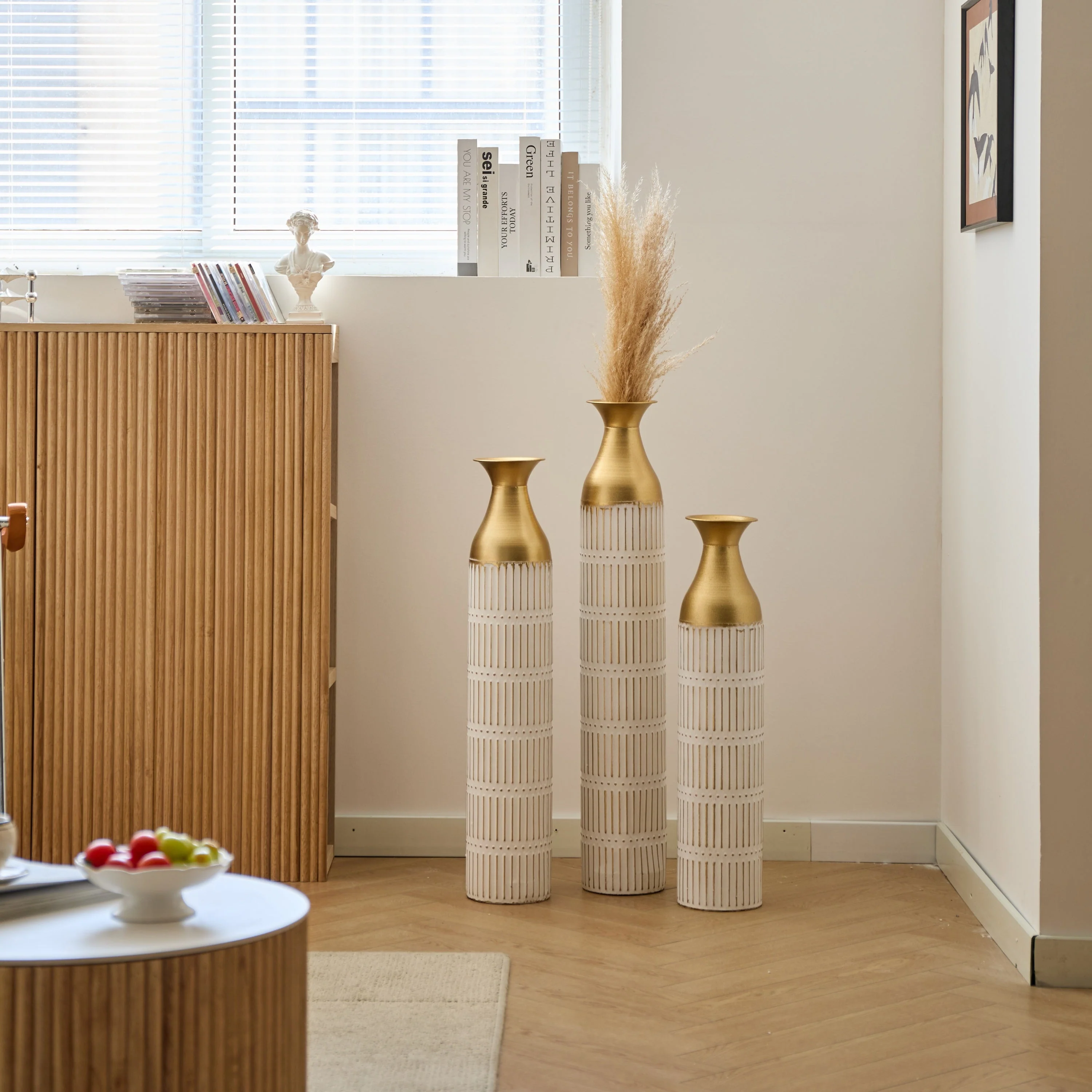 Floor Metal Vases Set of 3 - White with Gold Accents - Image 7