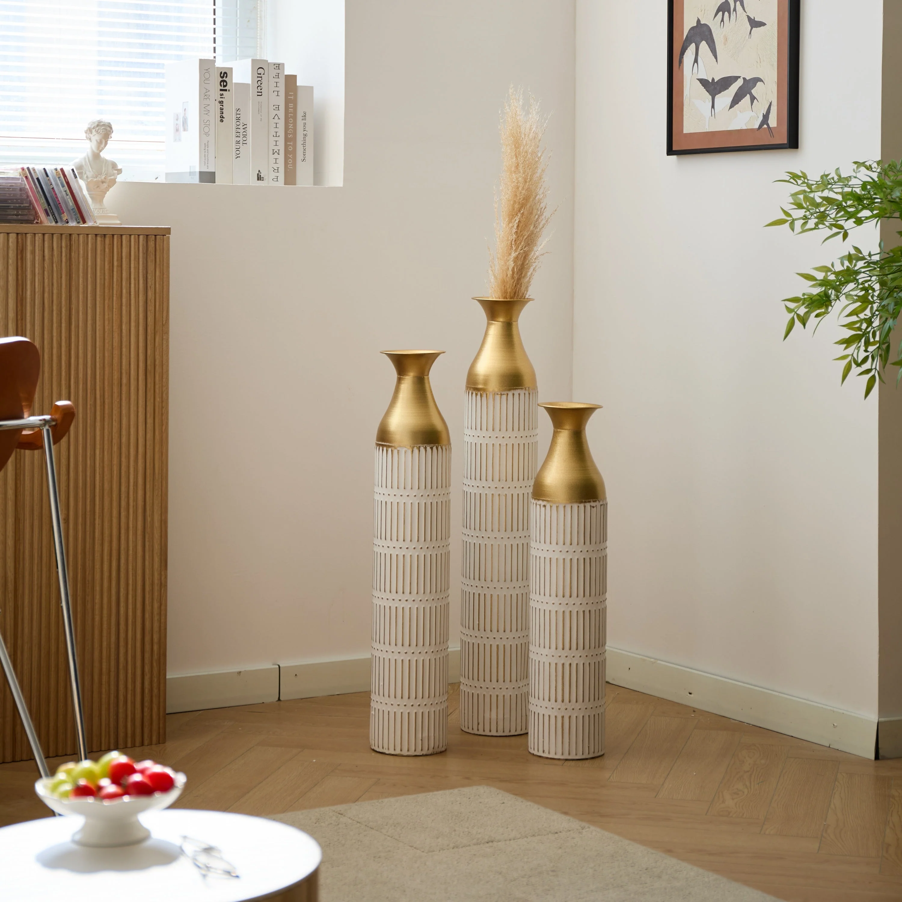 Floor Metal Vases Set of 3 - White with Gold Accents - Image 8