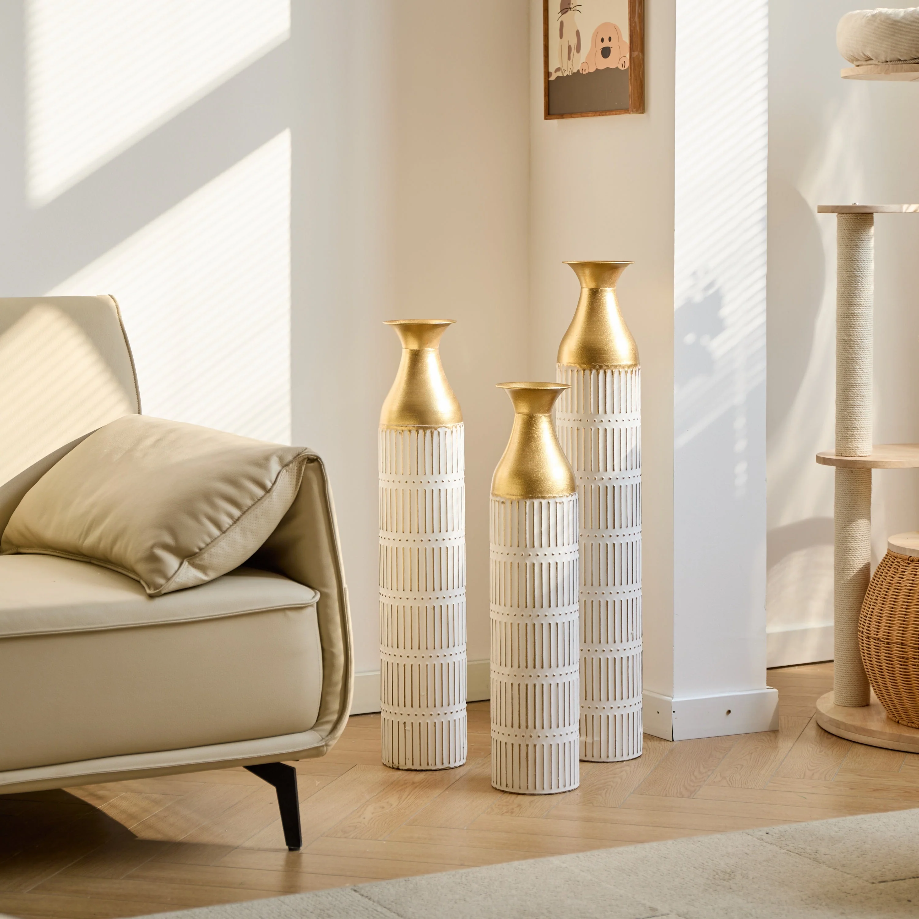 Floor Metal Vases Set of 3 - White with Gold Accents - Image 9