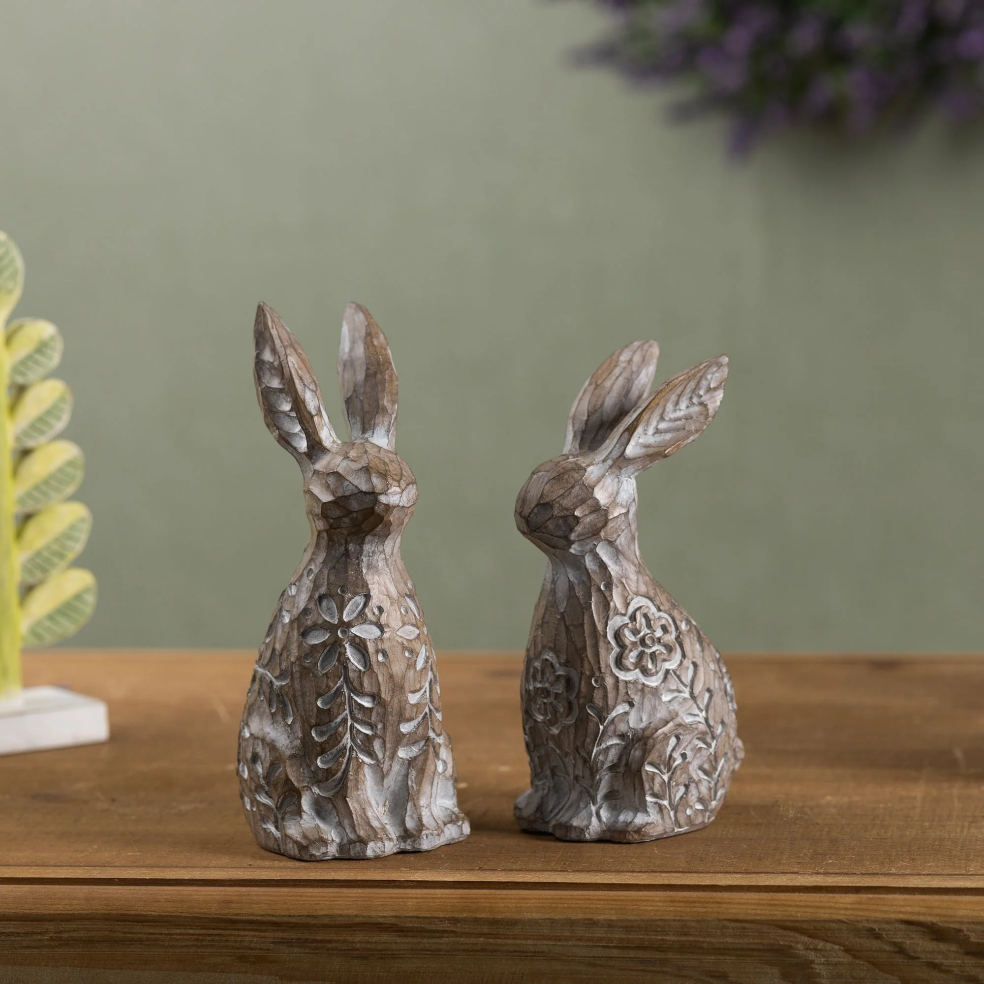 Floral Carved Rabbit Figurine (Set of 2) - Image 2