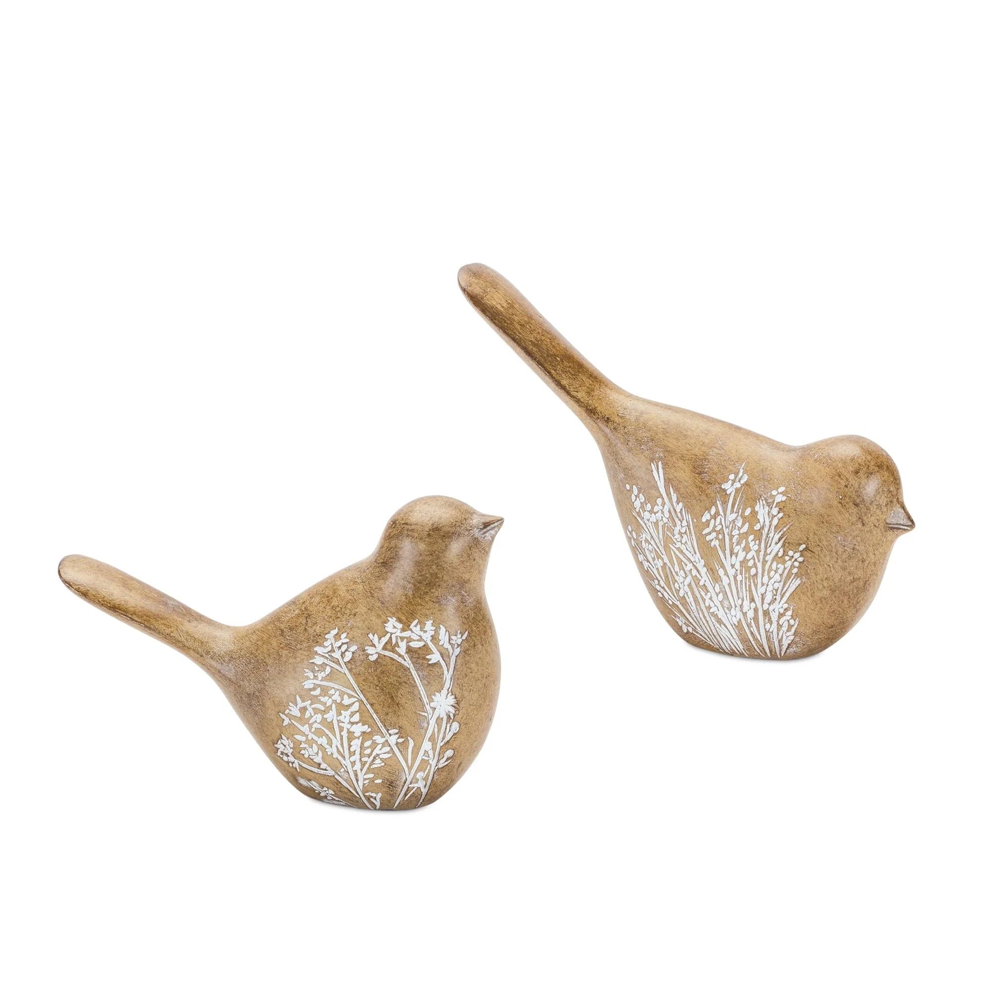 Floral etched bird figurine with wood grain design (set of 4) - Image 2