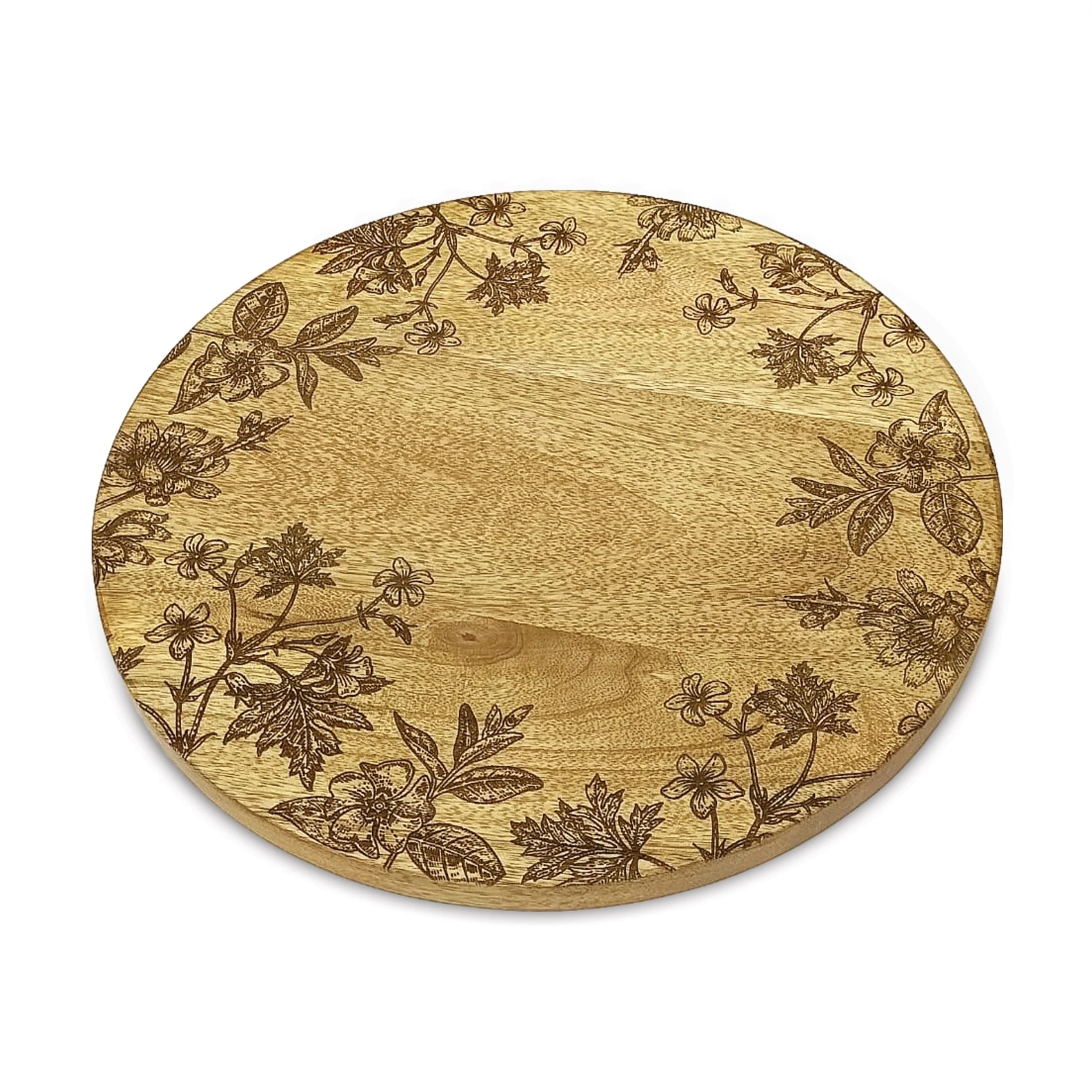 Floral Etched Mango Wood Tray Set of 2