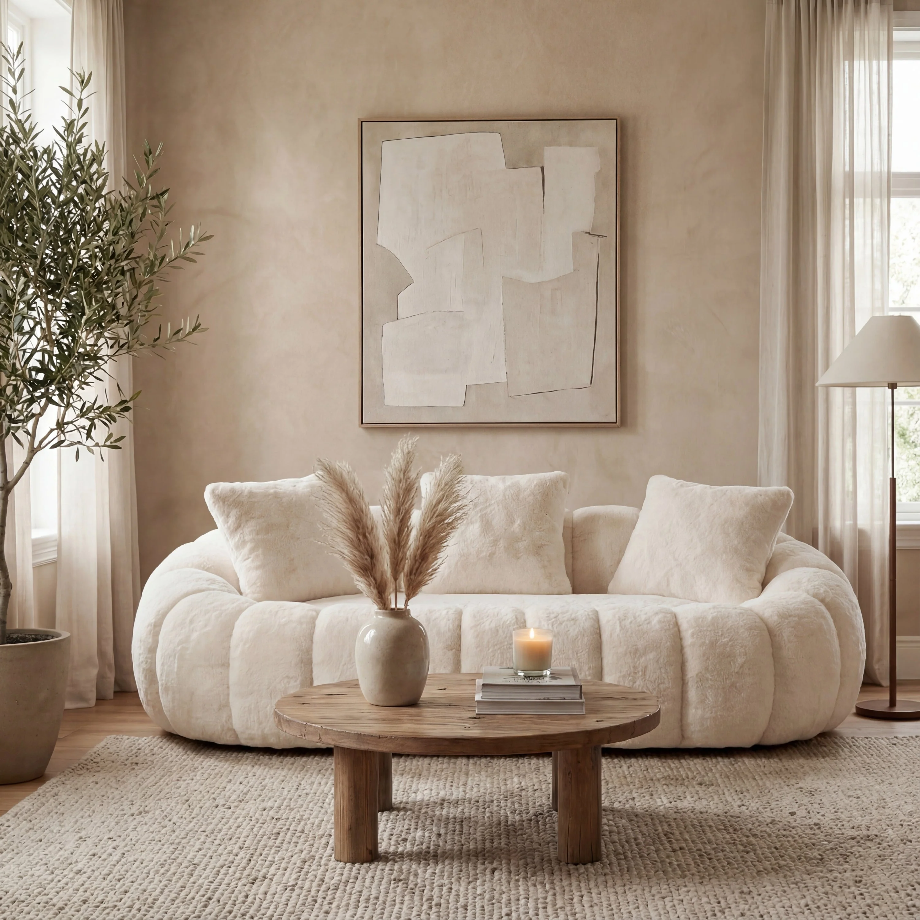 Floral-Shaped Beige Two-Seater Sofa with Ultra-Soft Faux Fur - Image 2