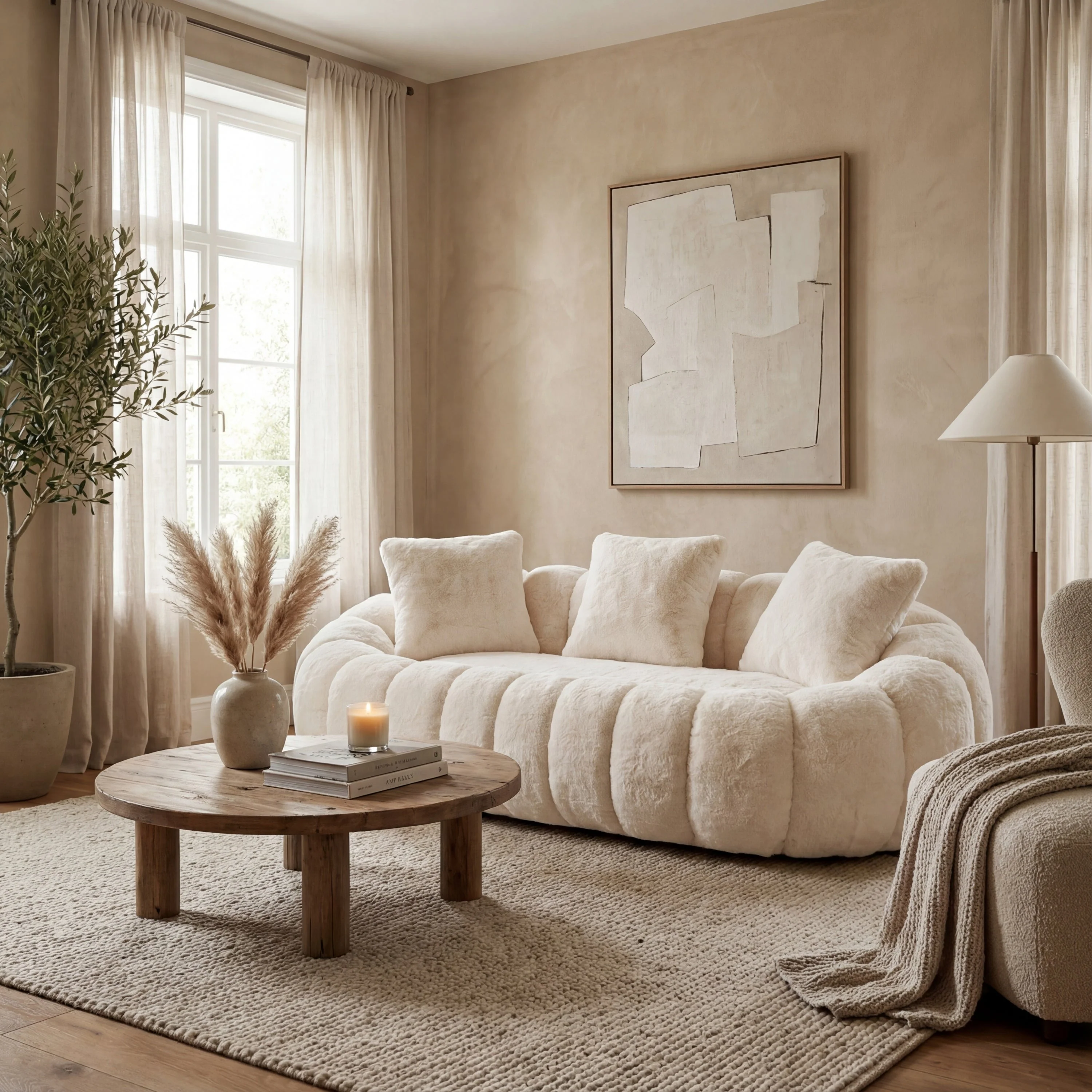 Floral-Shaped Beige Two-Seater Sofa with Ultra-Soft Faux Fur - Image 3