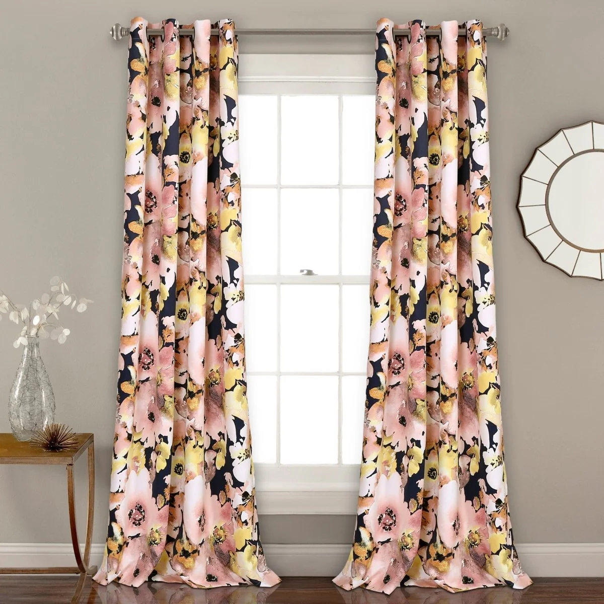 Floral Watercolor Room Darkening Window Curtain Panel Set - Image 2