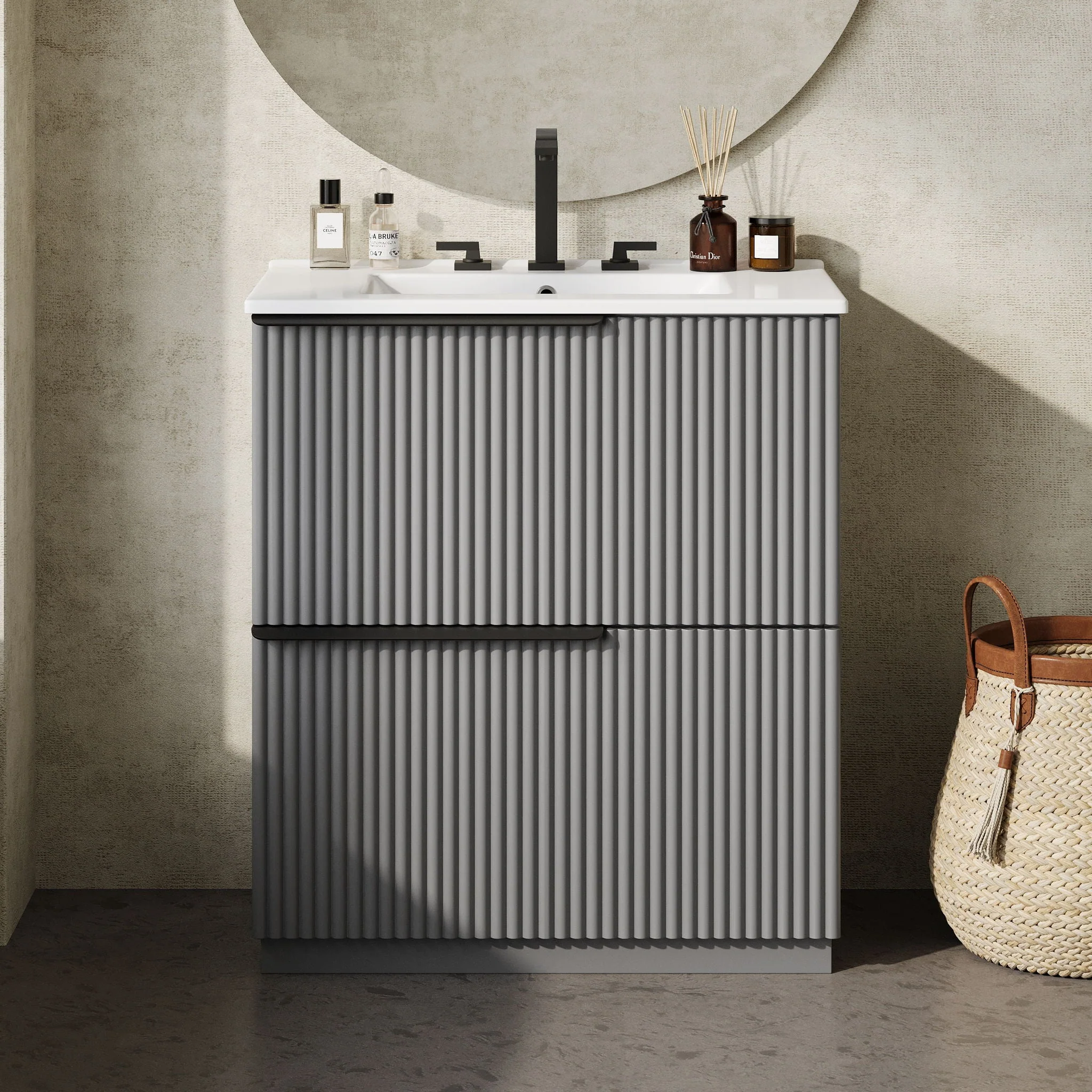 Fluted Bathroom Vanity With Ceramic Sink, Freestanding Cabinet - Image 10