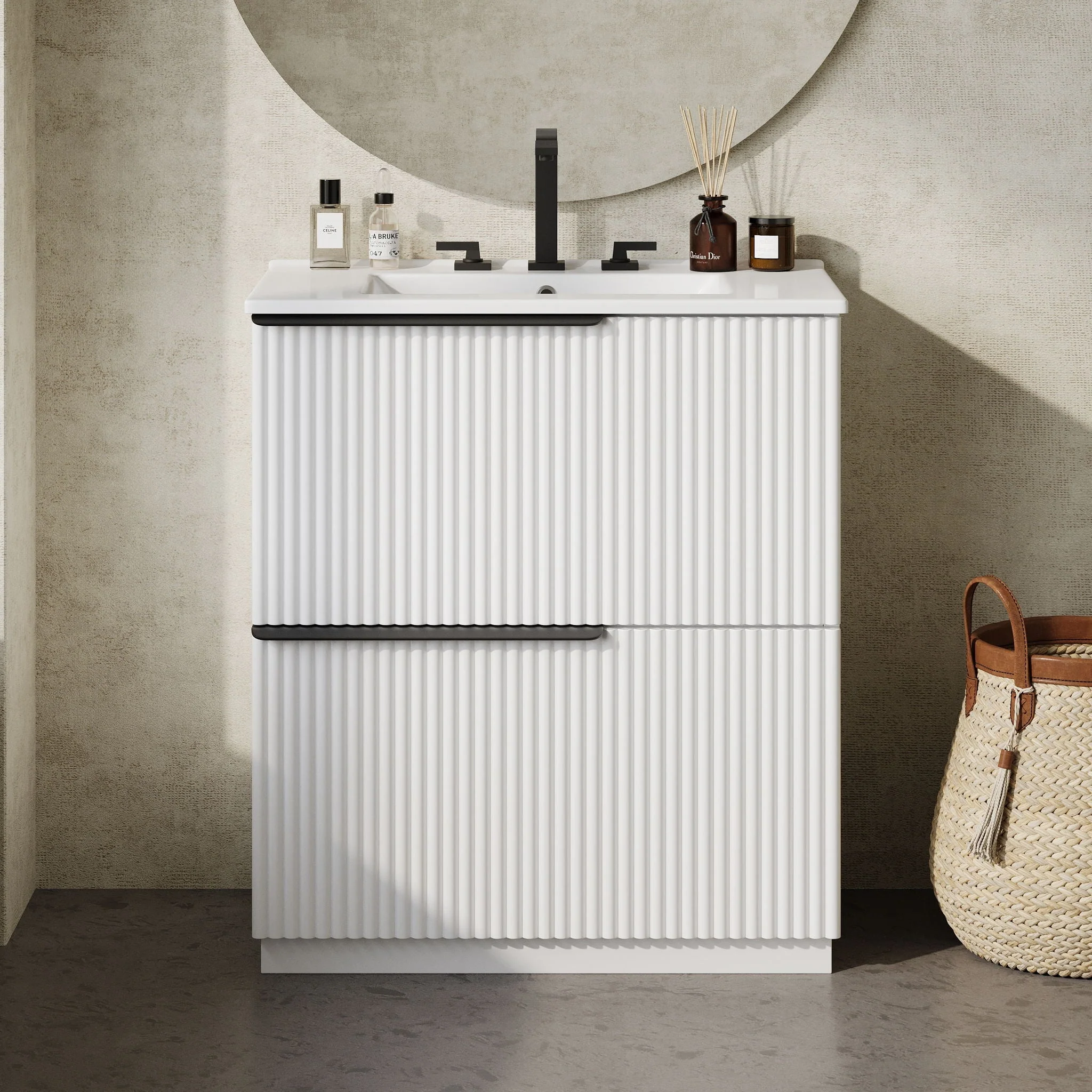 Fluted Bathroom Vanity With Ceramic Sink, Freestanding Cabinet - Image 12