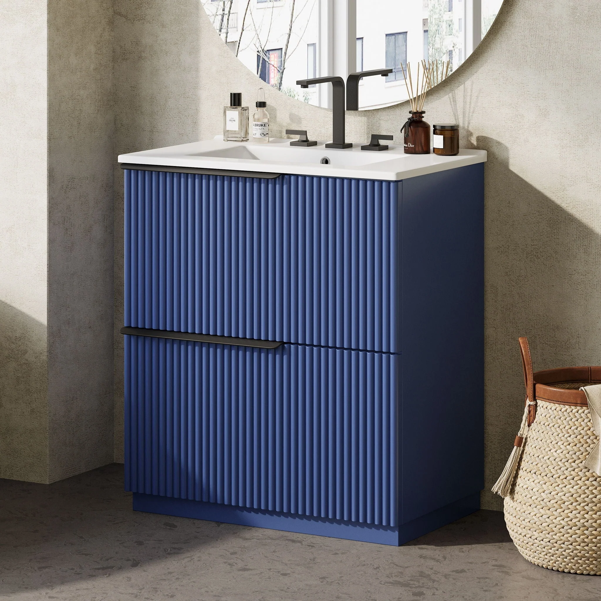 Fluted Bathroom Vanity With Ceramic Sink, Freestanding Cabinet - Image 4