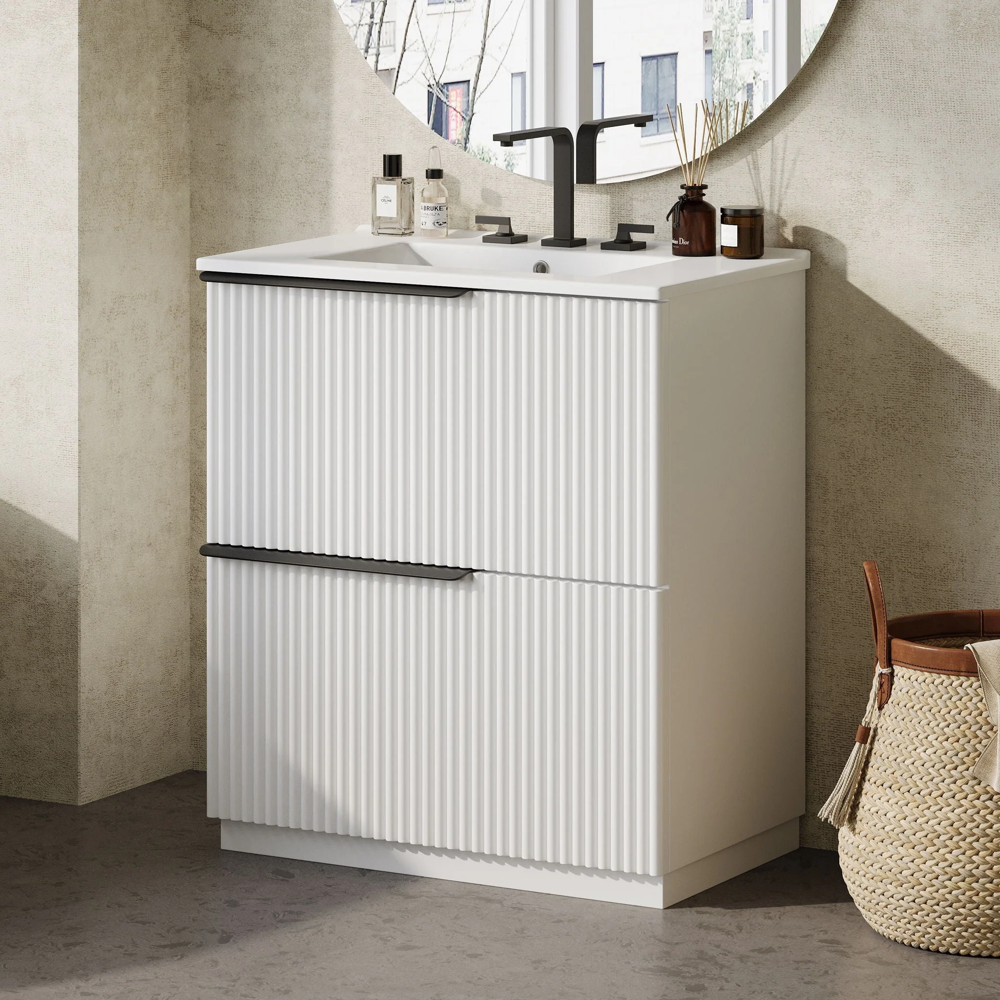 Fluted Bathroom Vanity With Ceramic Sink, Freestanding Cabinet - Image 5