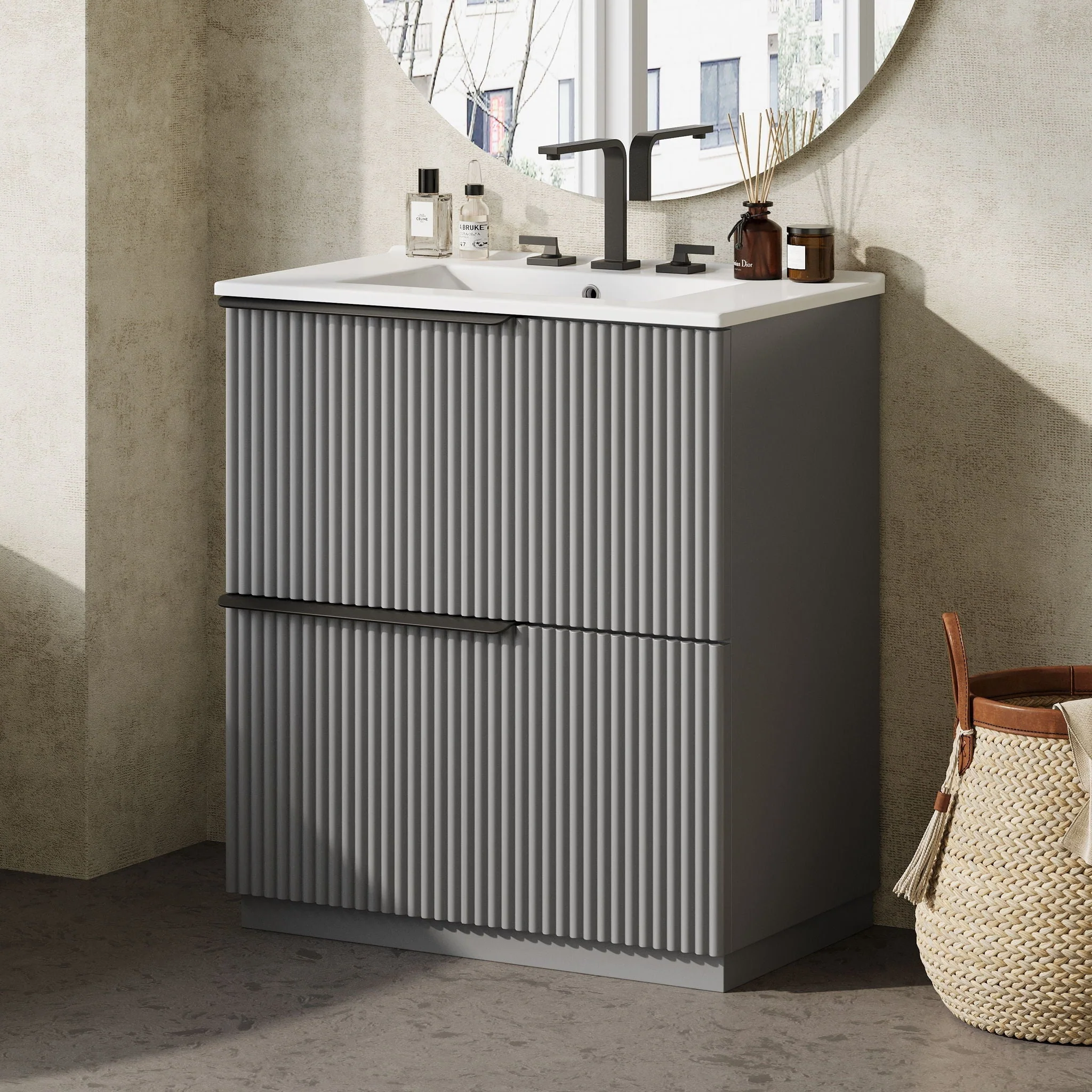 Fluted Bathroom Vanity With Ceramic Sink, Freestanding Cabinet - Image 9