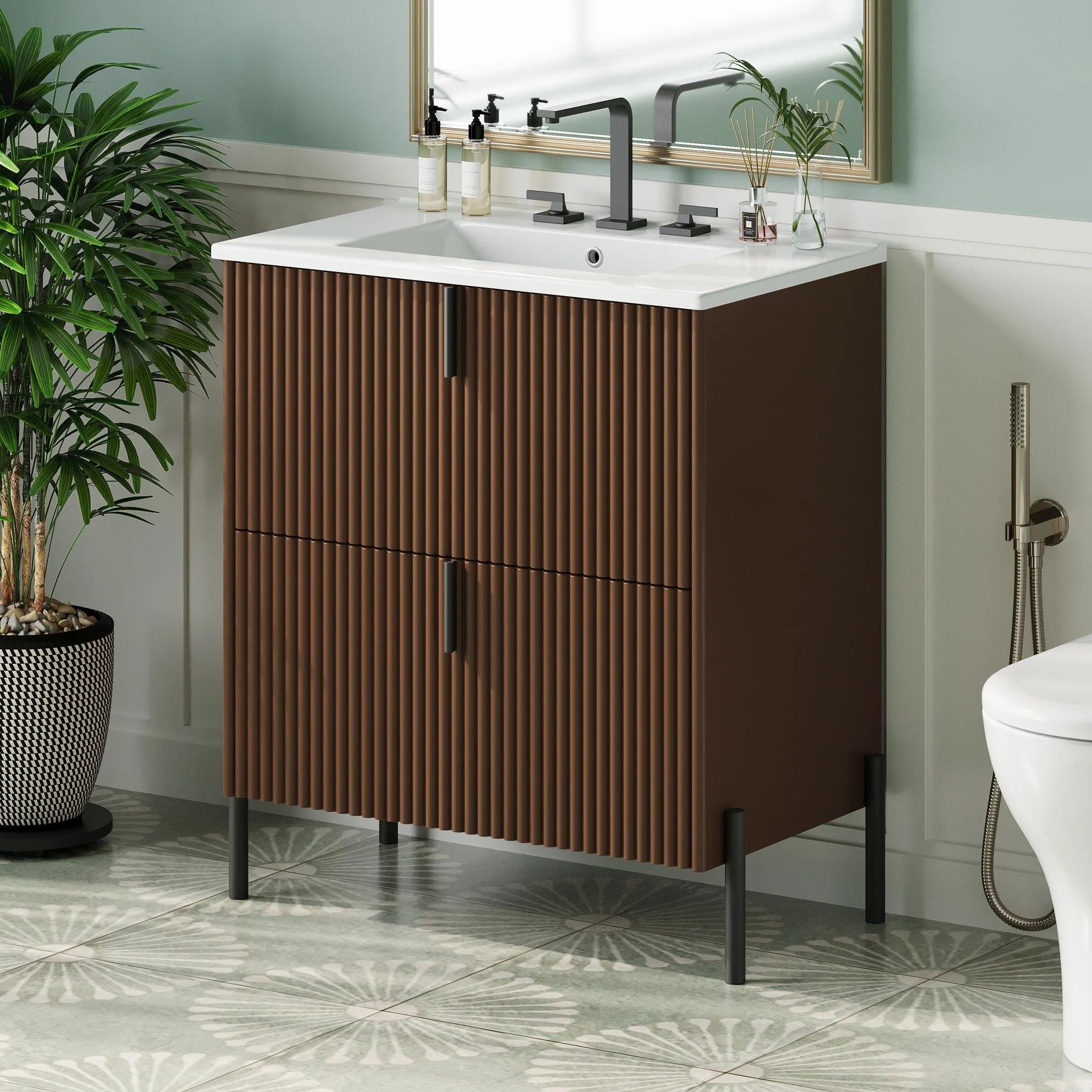 Fluted Bathroom Vanity With Ceramic Sink, Freestanding Design - Image 4
