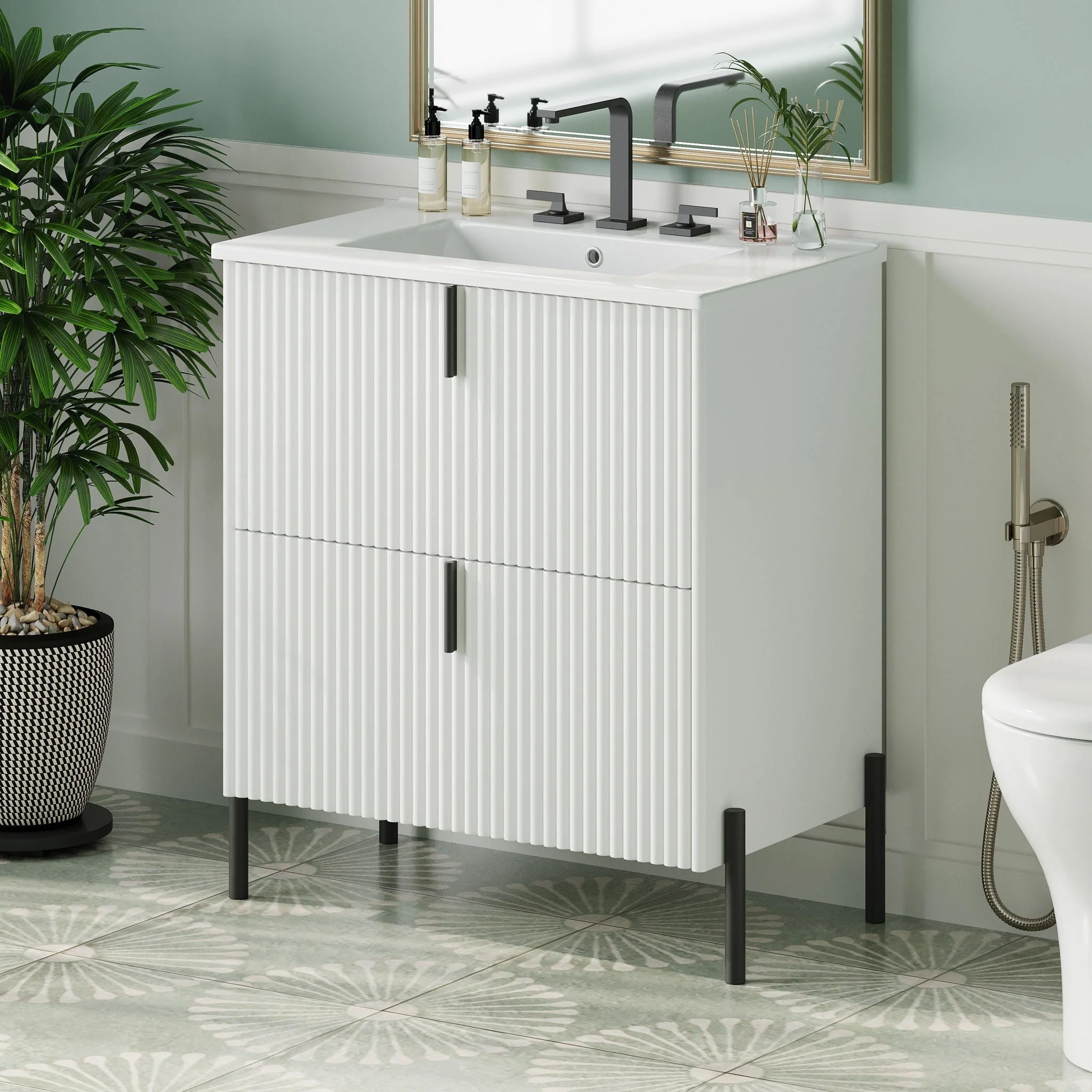Fluted Bathroom Vanity With Ceramic Sink, Freestanding Design - Image 5