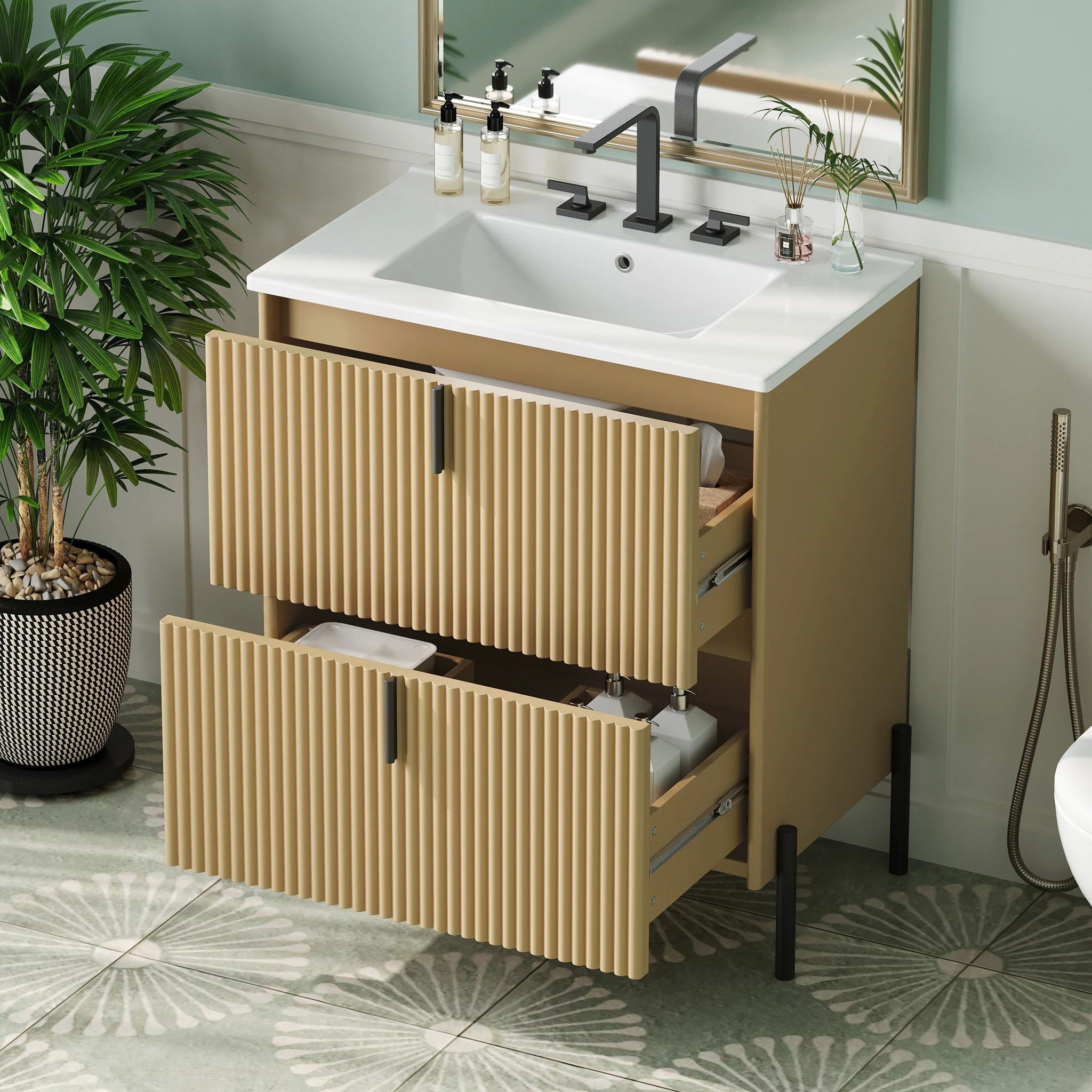 Fluted Bathroom Vanity With Ceramic Sink, Freestanding Design - Image 9