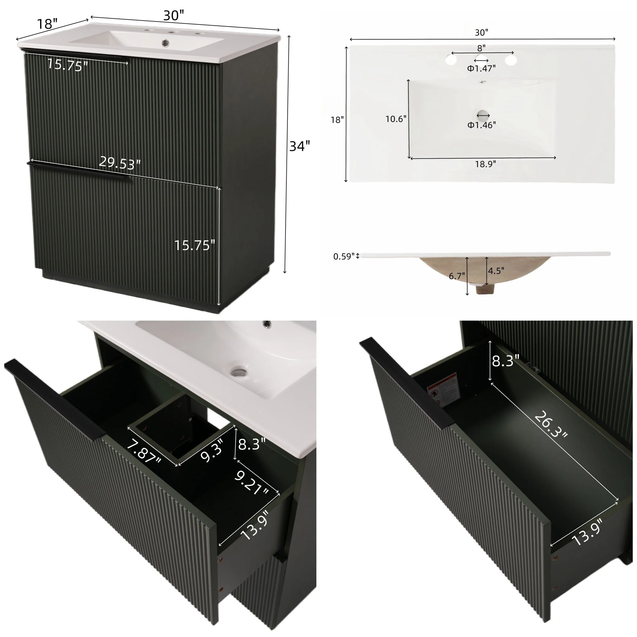 Fluted Bathroom Vanity With Ceramic Sink, Soft Close Slides - Image 10