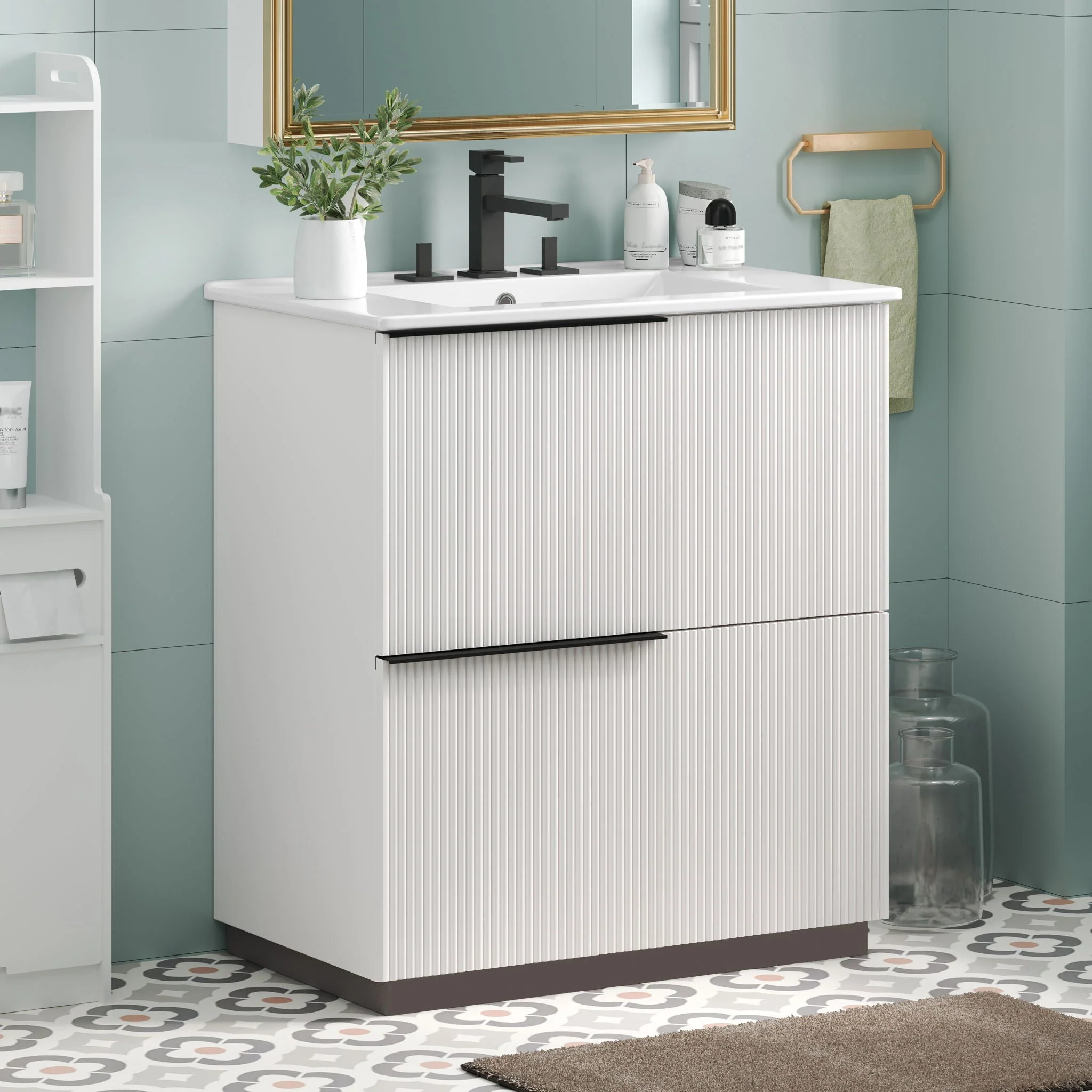 Fluted Bathroom Vanity With Ceramic Sink, Soft Close Slides - Image 11