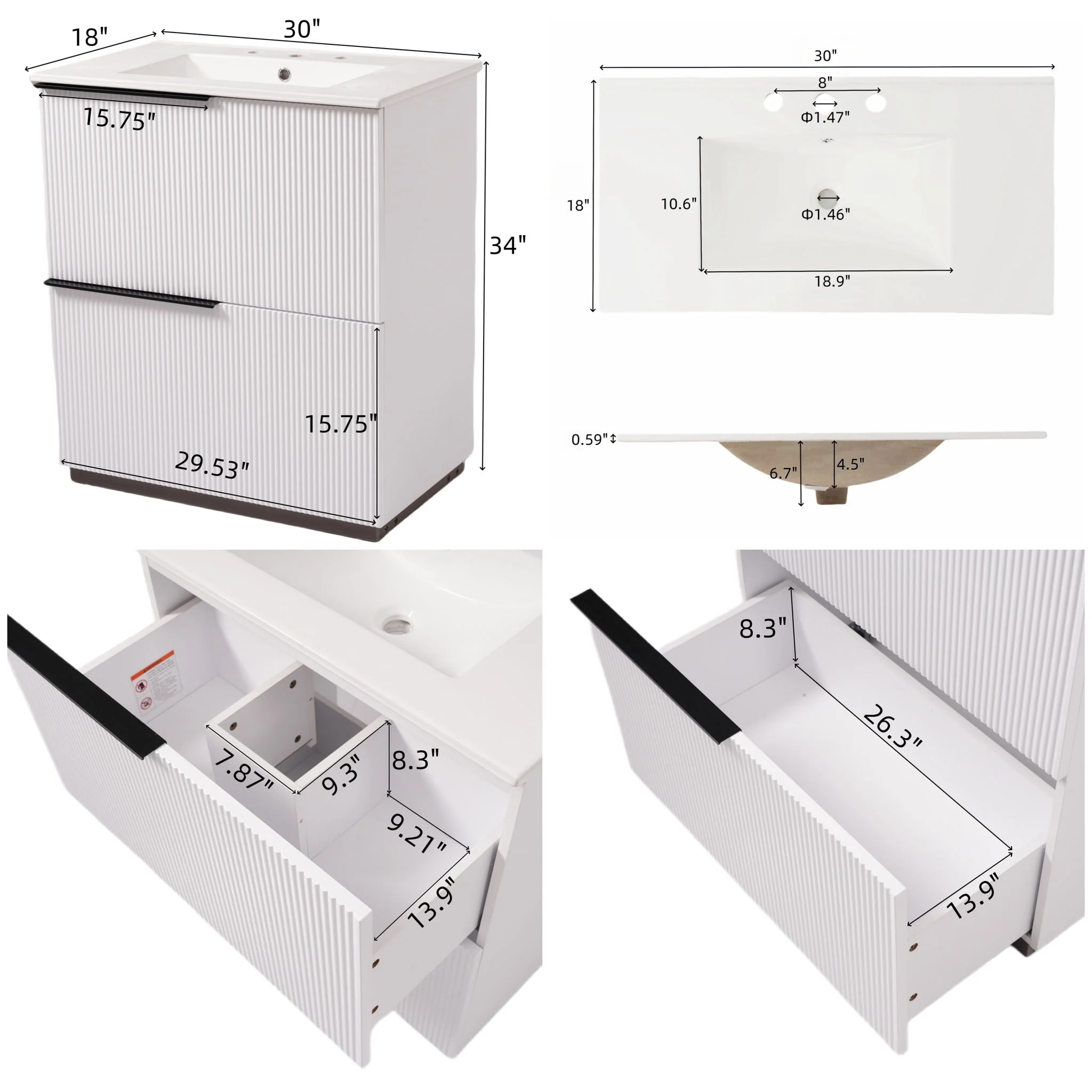 Fluted Bathroom Vanity With Ceramic Sink, Soft Close Slides - Image 12