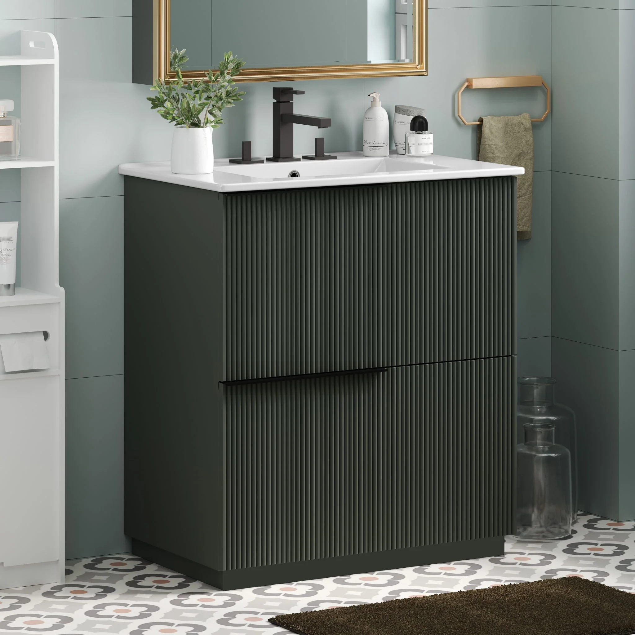 Fluted Bathroom Vanity With Ceramic Sink, Soft Close Slides - Image 4