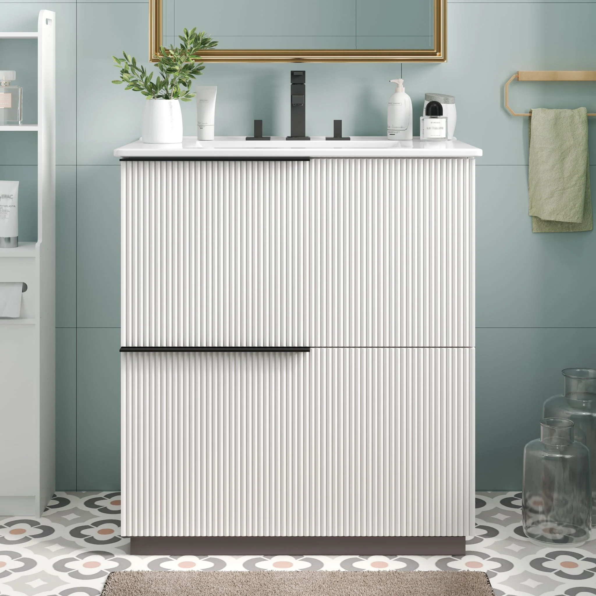 Fluted Bathroom Vanity With Ceramic Sink, Soft Close Slides - Image 5
