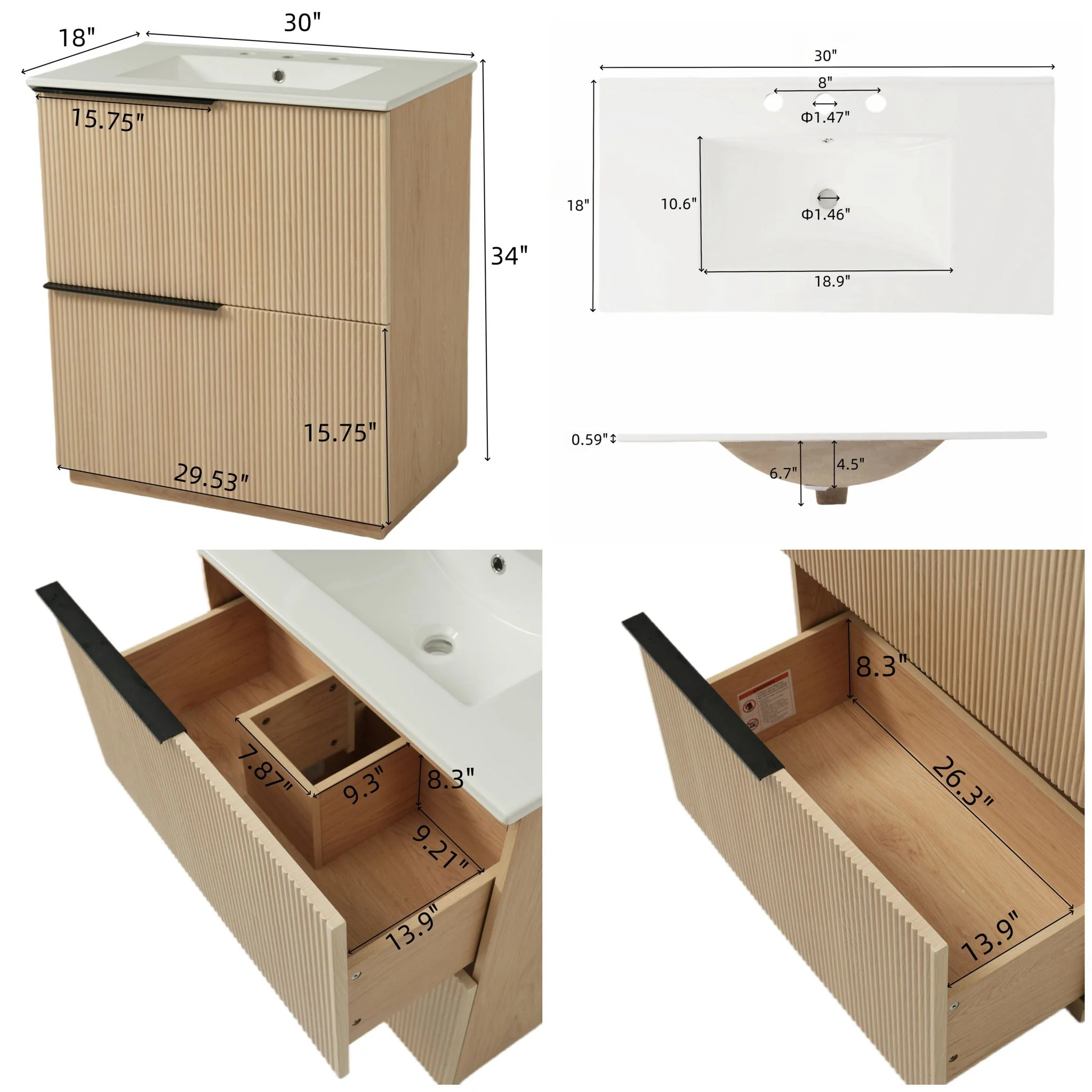 Fluted Bathroom Vanity With Ceramic Sink, Soft Close Slides - Image 6