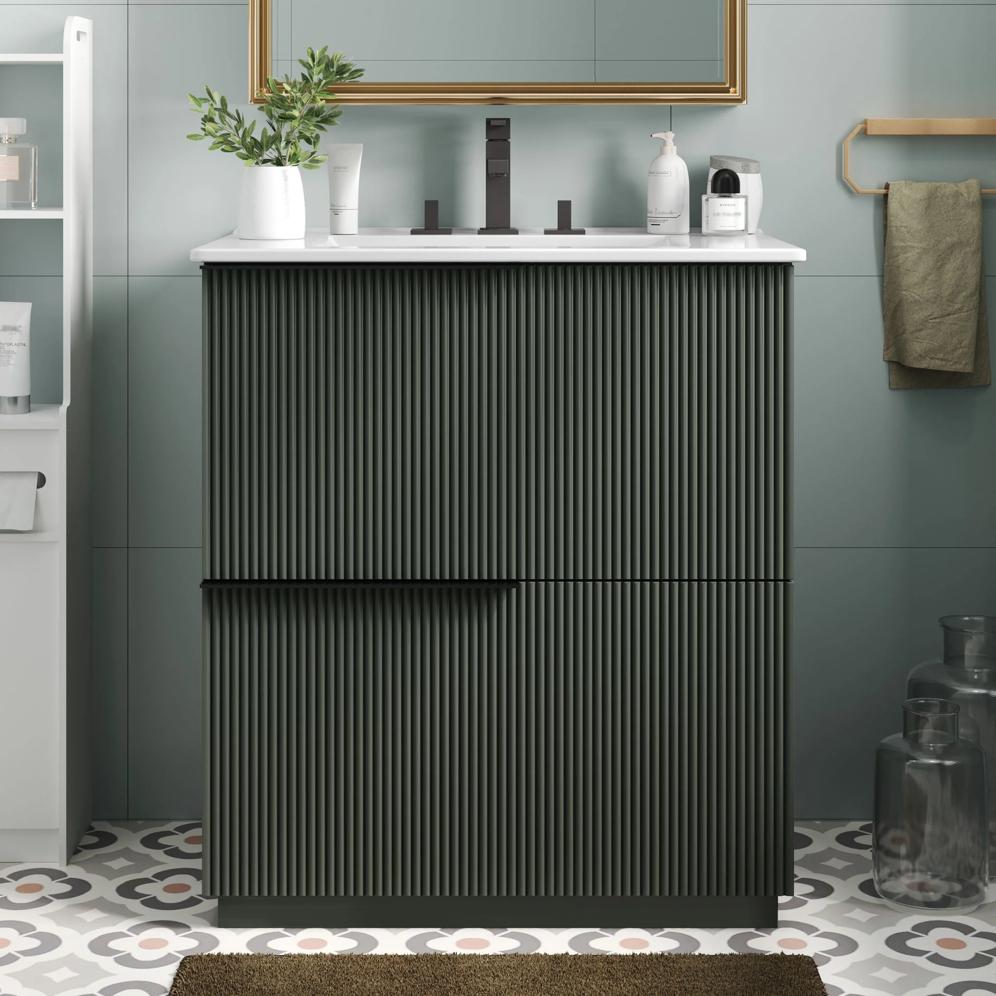 Fluted Bathroom Vanity With Ceramic Sink, Soft Close Slides - Image 7