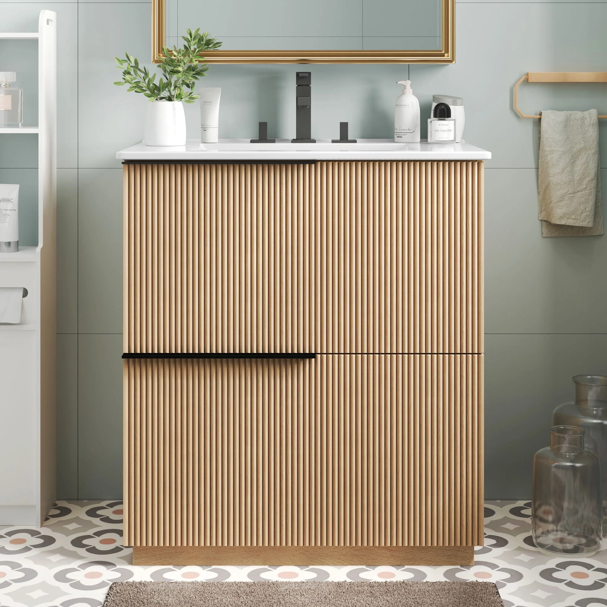 Fluted Bathroom Vanity With Ceramic Sink, Soft Close Slides - Image 8