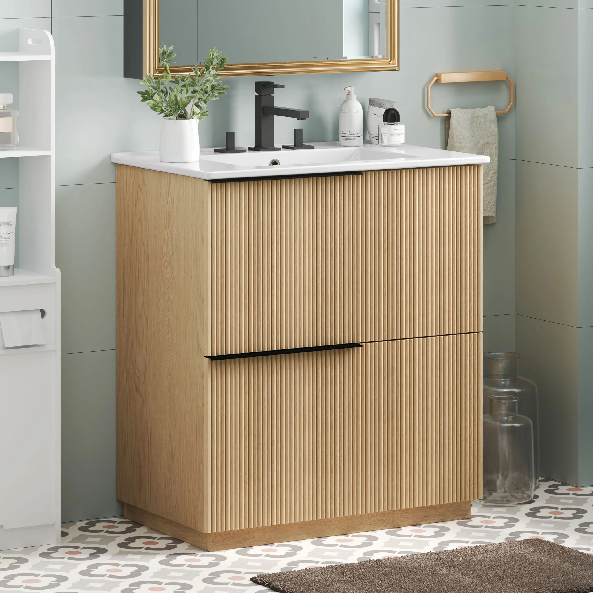 Fluted Bathroom Vanity With Ceramic Sink, Soft Close Slides - Image 9