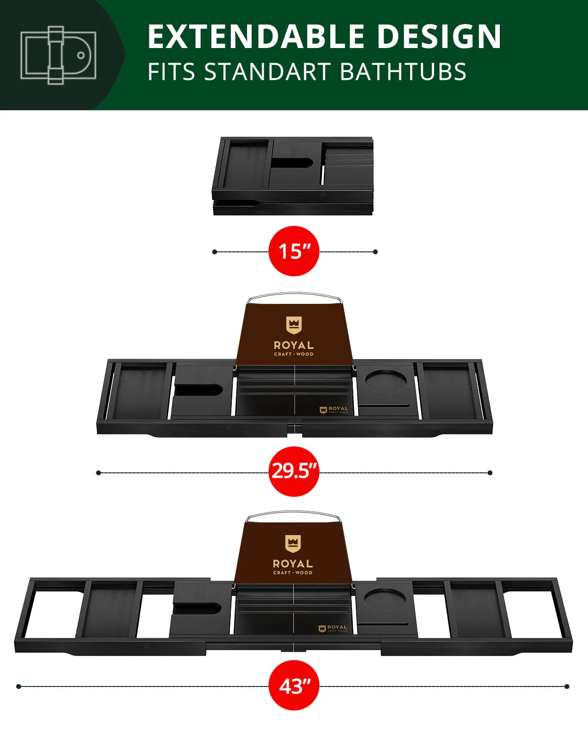 Foldable Bathtub Caddy Tray, Black - Image 3