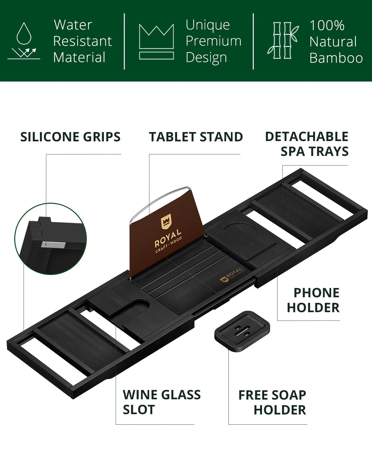 Foldable Bathtub Caddy Tray, Black - Image 4
