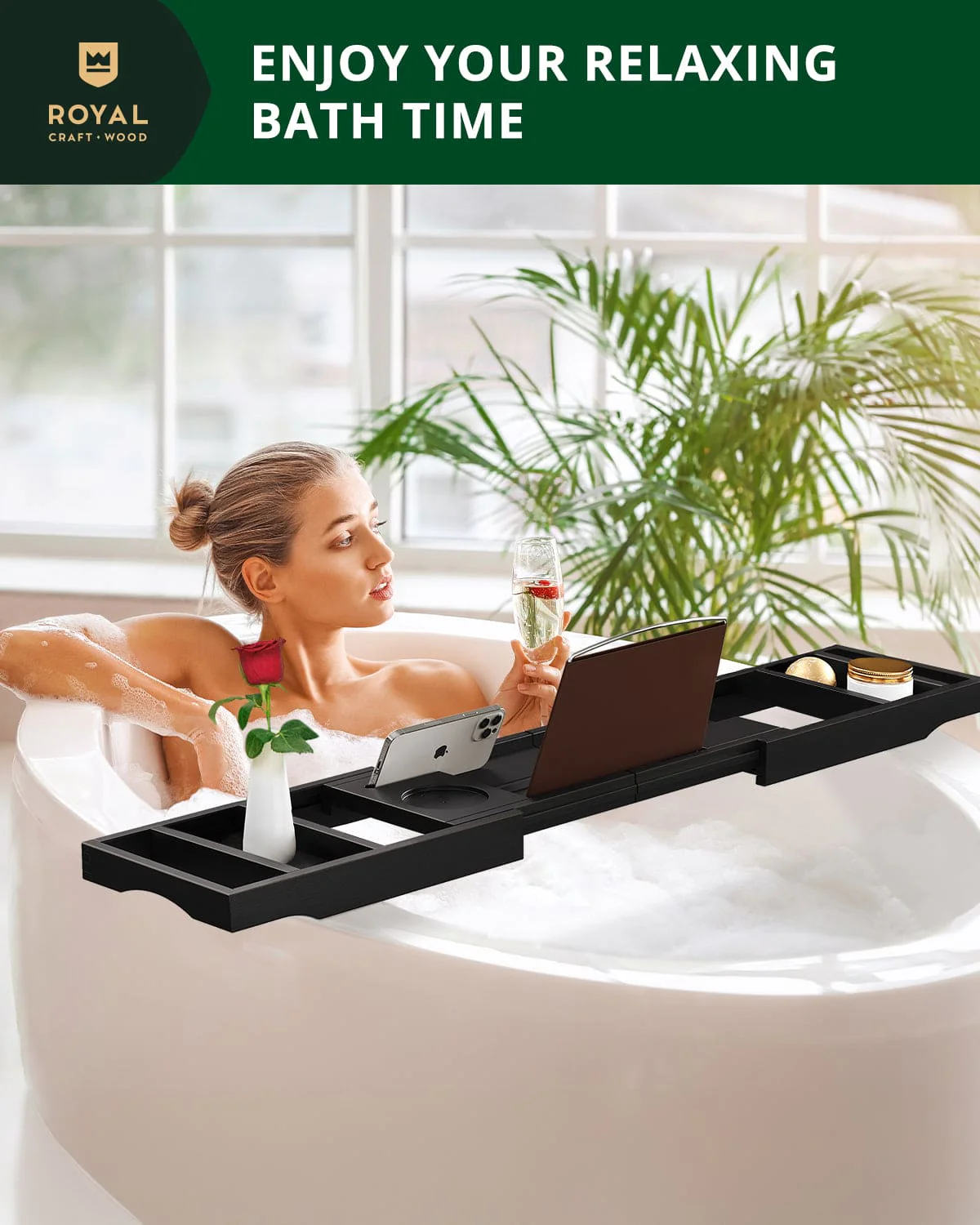 Foldable Bathtub Caddy Tray, Black - Image 9