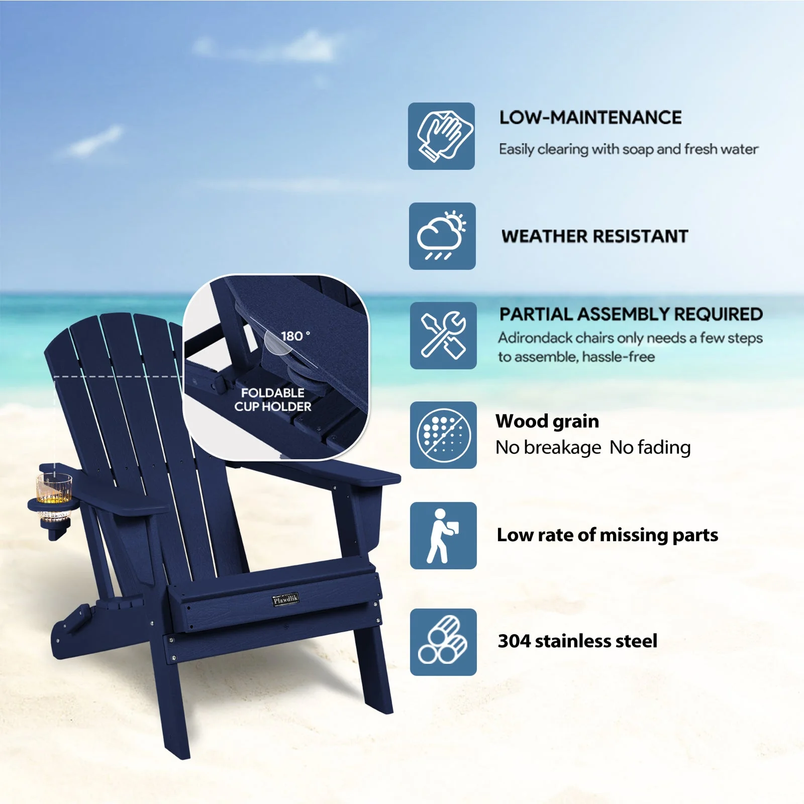 Folding Adirondack Chair Wood Texture Navy Blue - Image 4