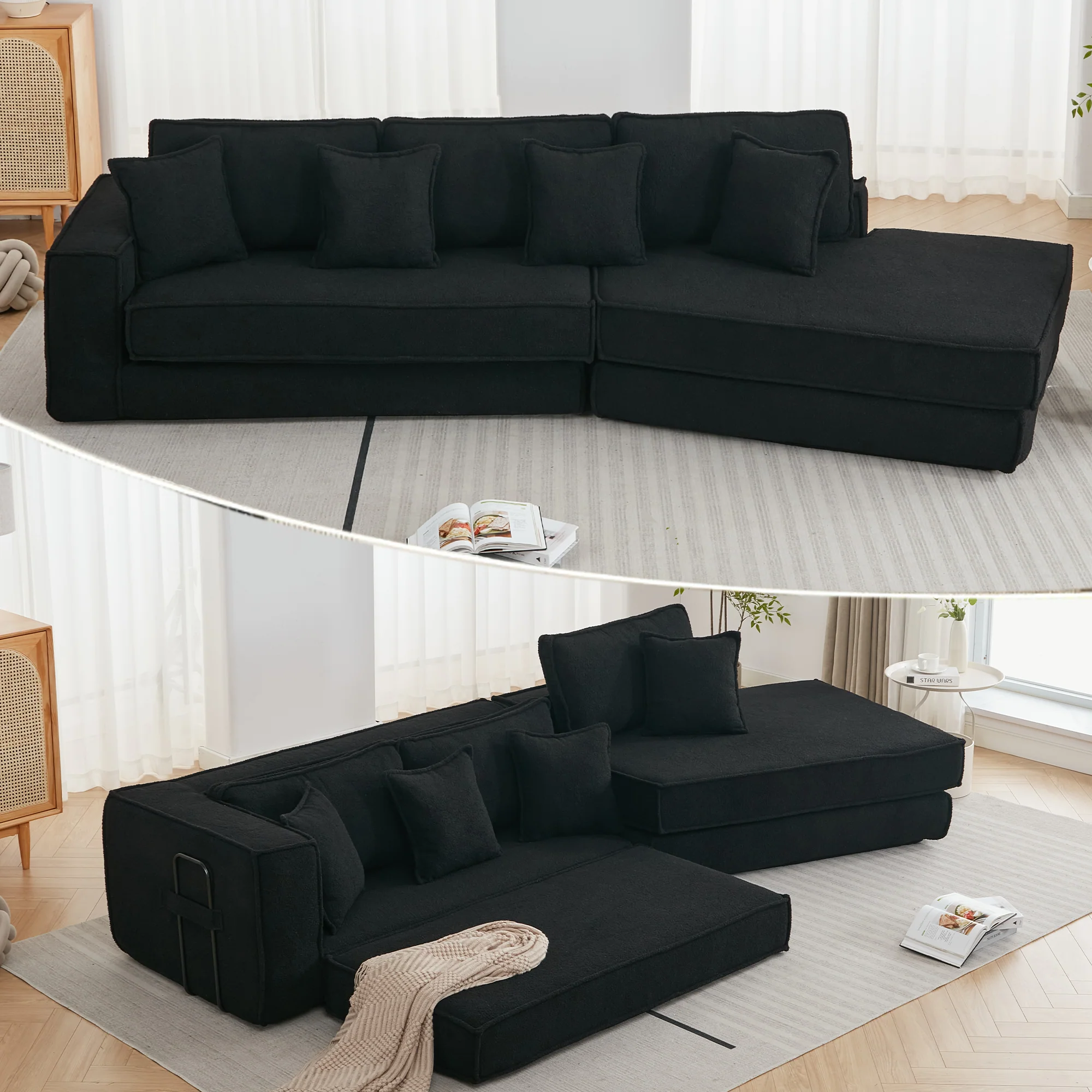 Folding Convertible Out Sleeper Sofa Bed 3-Seat Black
