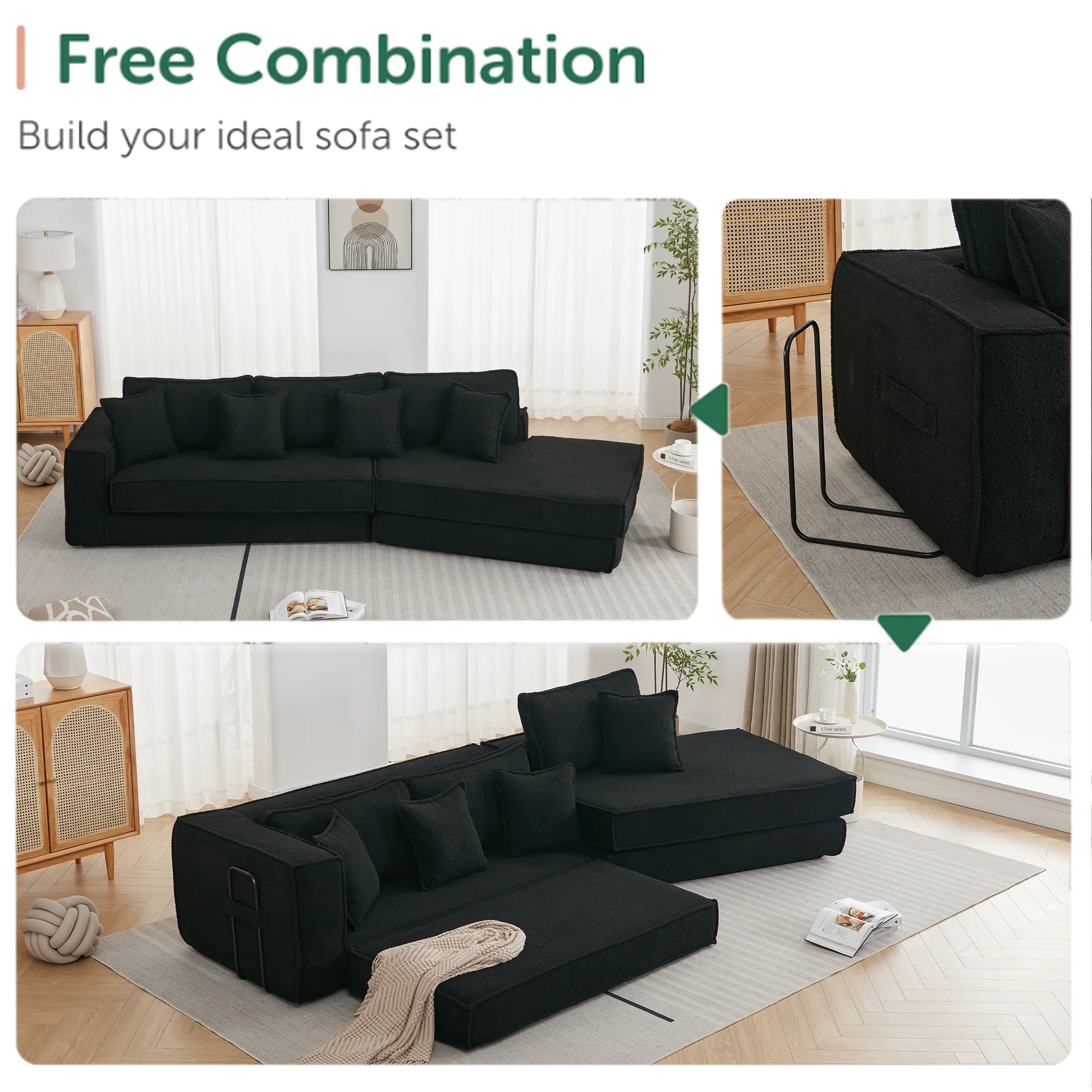 Folding Convertible Out Sleeper Sofa Bed 3-Seat Black - Image 2