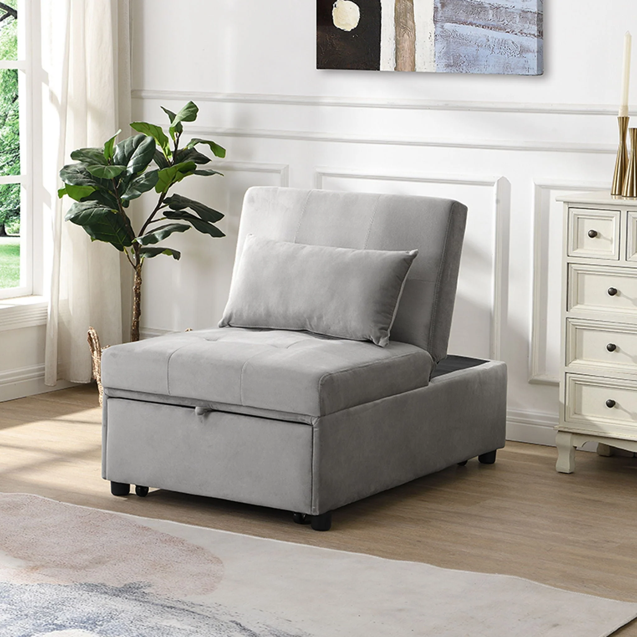 Folding Ottoman Sofa Bed - Gray Fabric - Image 3