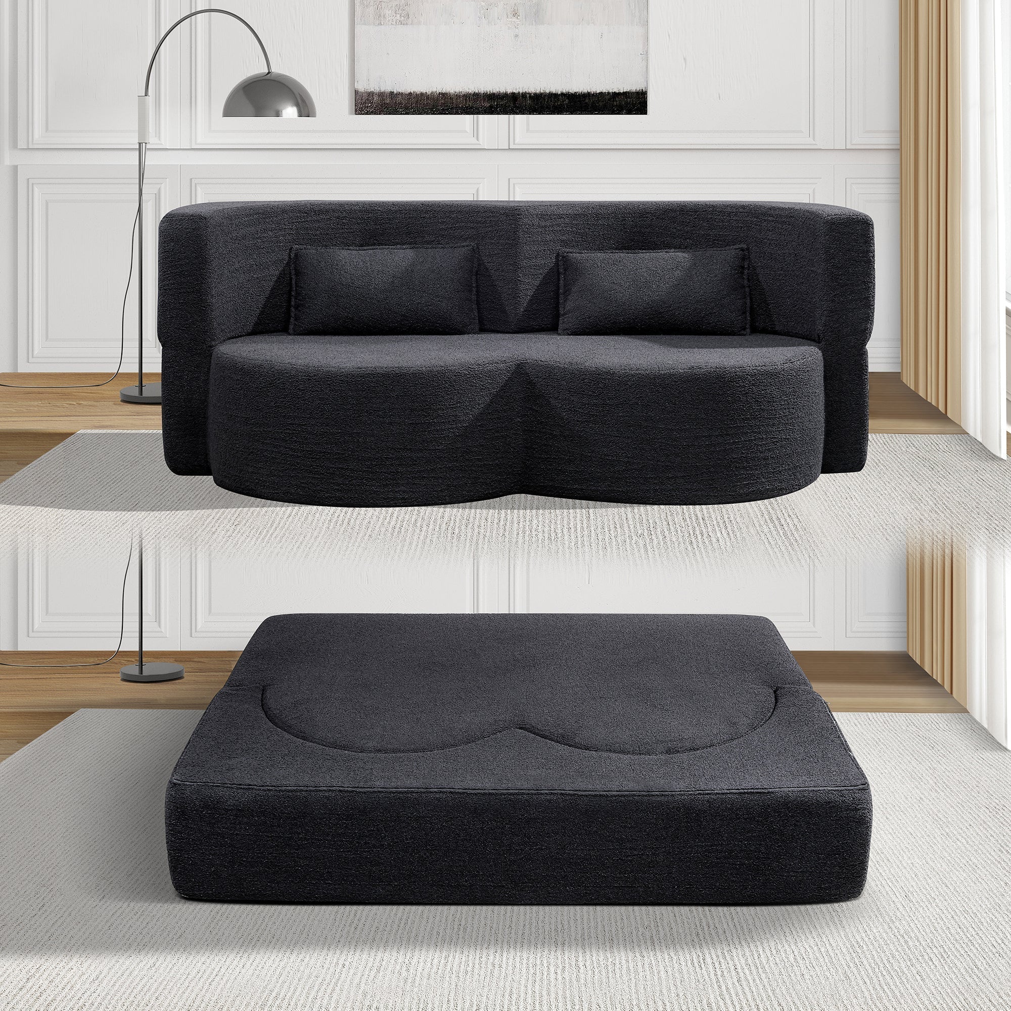 Folding Sofa Bed in Black Teddy Bear Fabric - Image 2