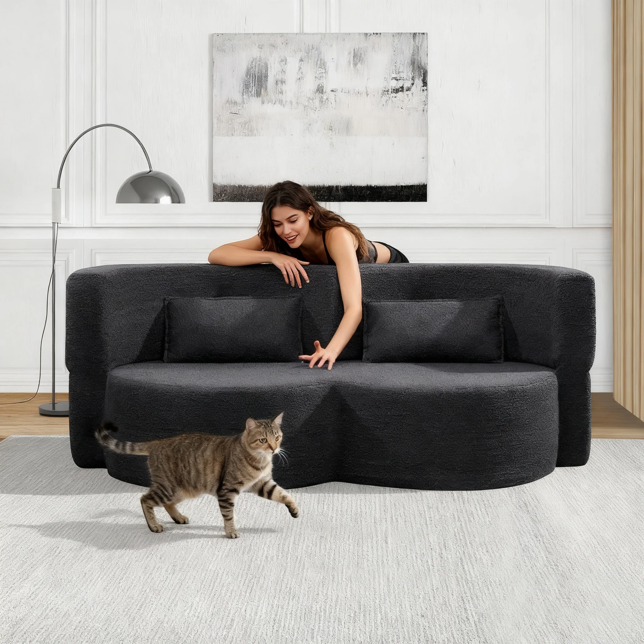 Folding Sofa Bed in Black Teddy Bear Fabric - Image 4